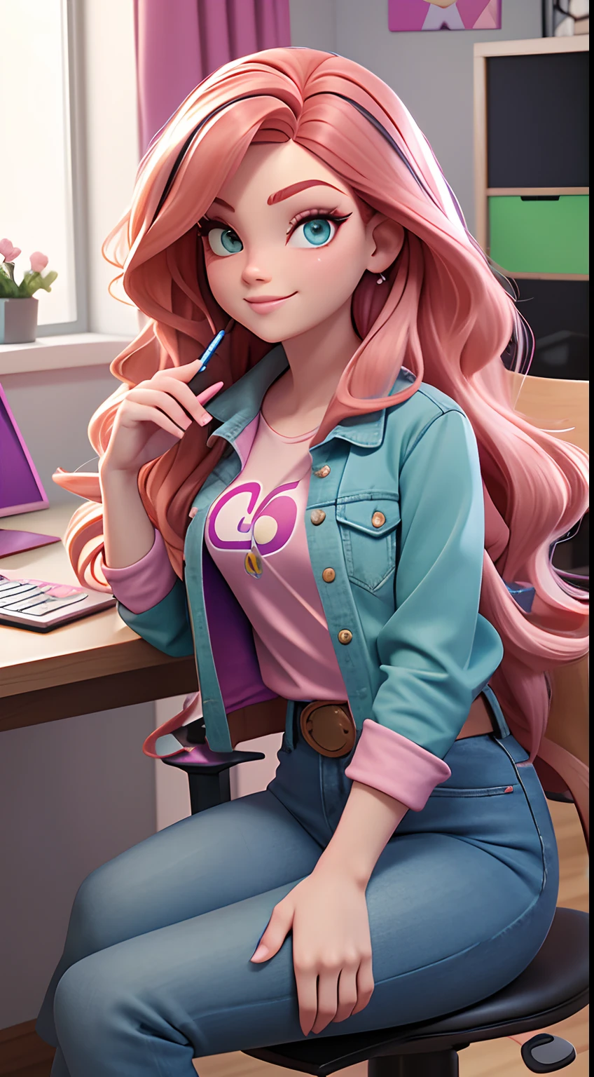 Pixar style, 3D, Caucasian girl, with straight wavy hair, long red hair with pink streaks, green eyes, wearing a black blouse and pastel purple denim jacket, sitting at the work desk, holding a tablet and a touch pen, modern home office setting and colorful.