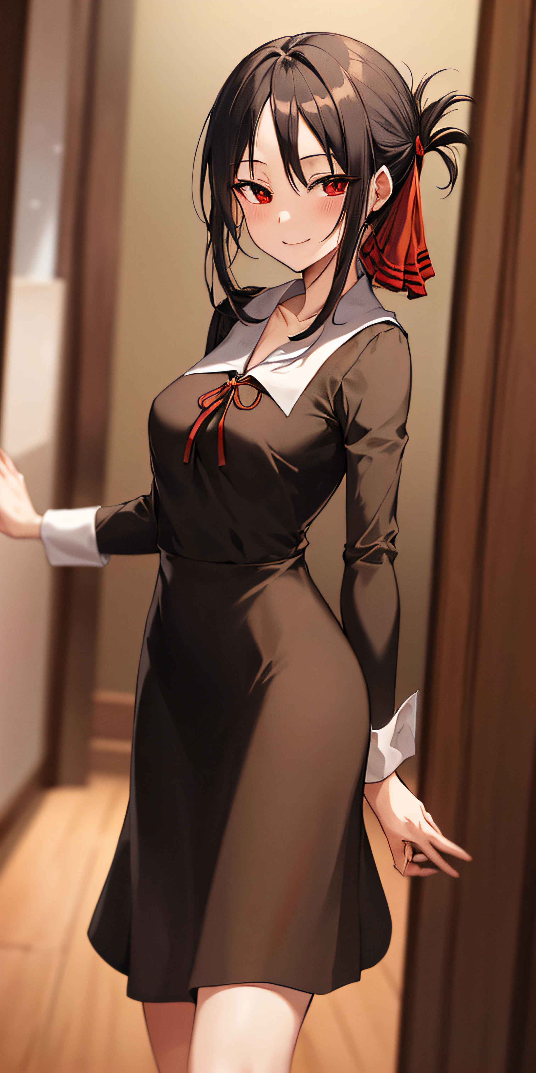 2d, masterpiece, best quality, anime, highly detailed, cowboy shot, 1girl, solo, shinomiya kaguya, red eyes, black hair, hair ribbon, red ribbon, school uniform, short dress, long sleeves, small breasts, standing, indoors, hallway, smile