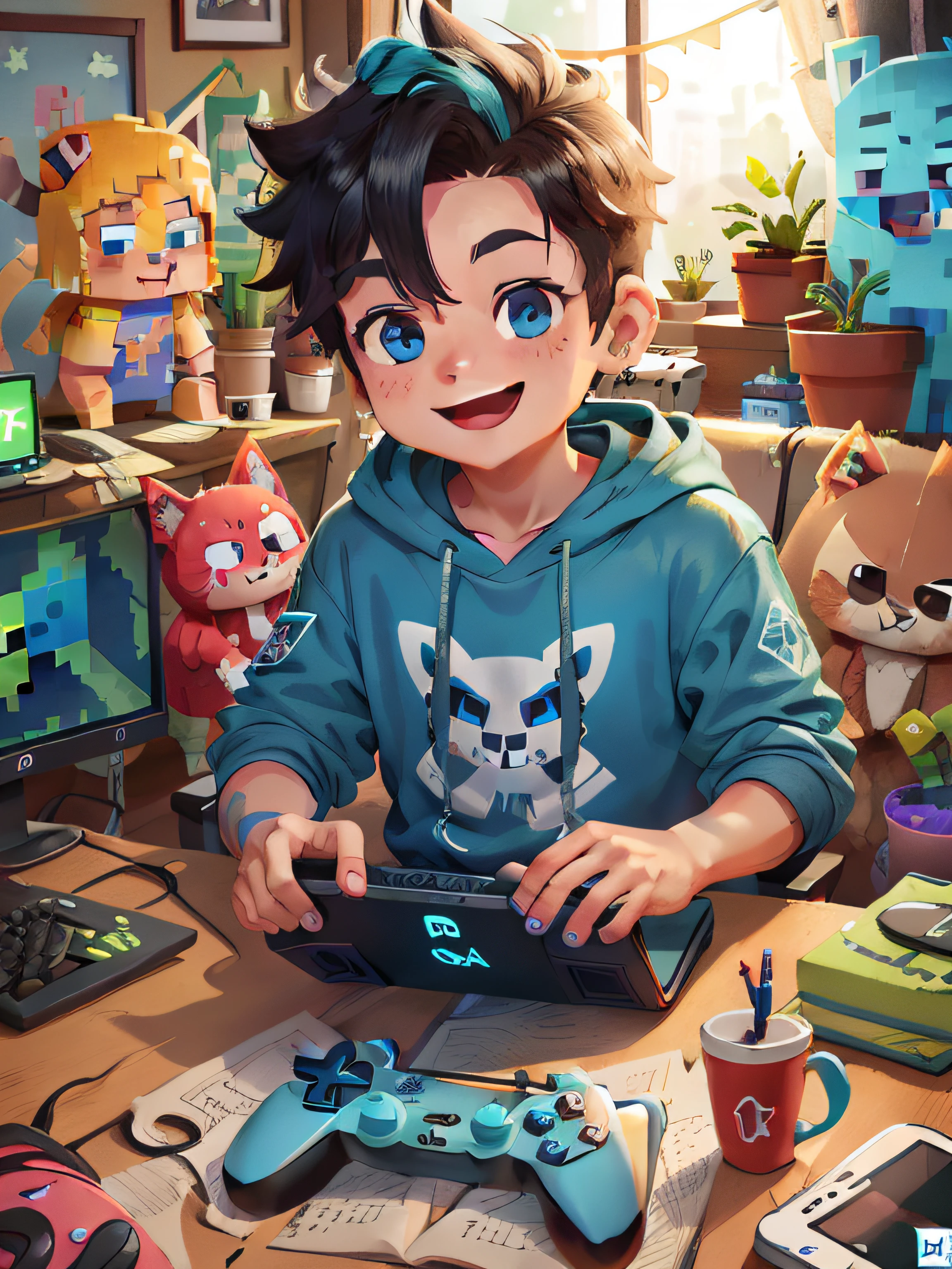 menino branco gamer sorrindo, perfect hands, teclado rgb, computador gamer, fone de ouvido com crifres azul turquesa, jogando minecraft, live stream, moletom preto com cotovelos azul turquesa, olhos azulz, mascara preta no lado direito do rosto