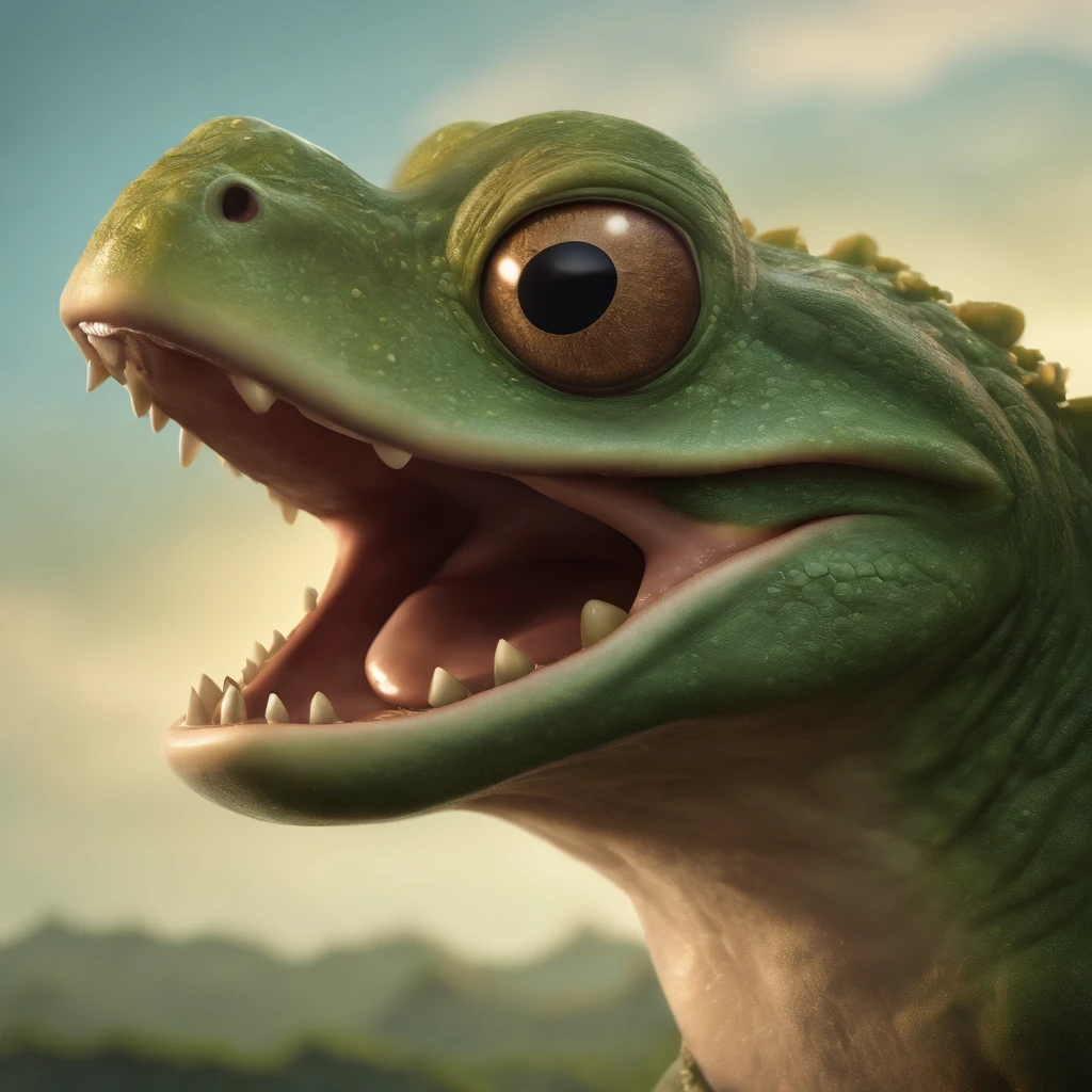 Close up retrato do personagem dos desenhos animados com grande sorriso, Arte conceitual de Andrew Ferres, Vencedor do concurso Behance, Surrealismo pop, retrato de criatura premiado, Garfo de sapo, full-colour illustration, anthropomorphic creature, monstro do sapo humanoide, NFFSW, epic full color illustration, full art illustration, frogzilla criatura, criaturas detalhadas, arte requintada do cartaz da criatura