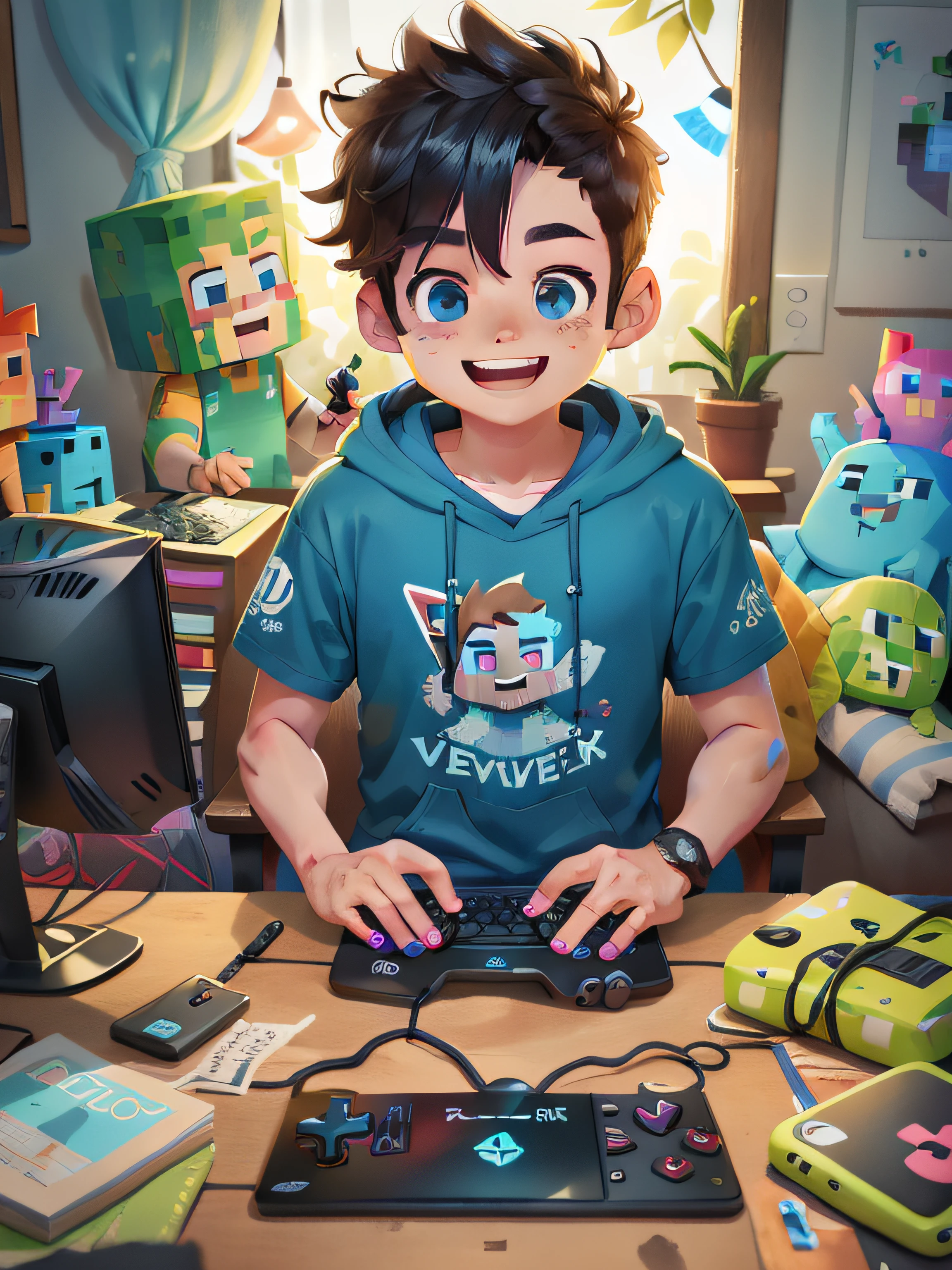 branco gamer sorrindo, perfect hands, teclado rgb, computador gamer, fone de ouvido com crifres azul turquesa, jogando minecraft, live stream, moletom preto com cotovelos azul turquesa, olhos azulz, mascara preta no lado direito do rosto