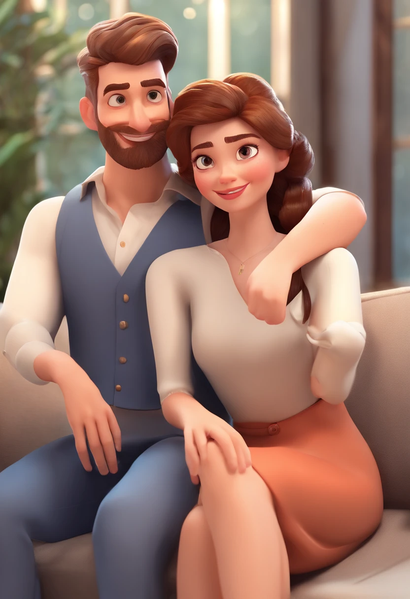 An illustration of an adorable couple, Destacando um homem e uma mulher com beleza, Expressive eyes – the man's hair is bald and brown and he has a full beard, While the woman's hair is tied up in a bun and blonde. They are a bright space, Todos com um sorriso no rosto, e compartilhe um momento especial, That is marked by love, viagem, and pedagogical insights. Ilustre esta cena a partir de uma perspectiva, where they're facing away from the camera, Show Your Connection. Desenvolva esta arte em Full HD, Focus on your cinematic touch, Estilo Disney Pixar Animations