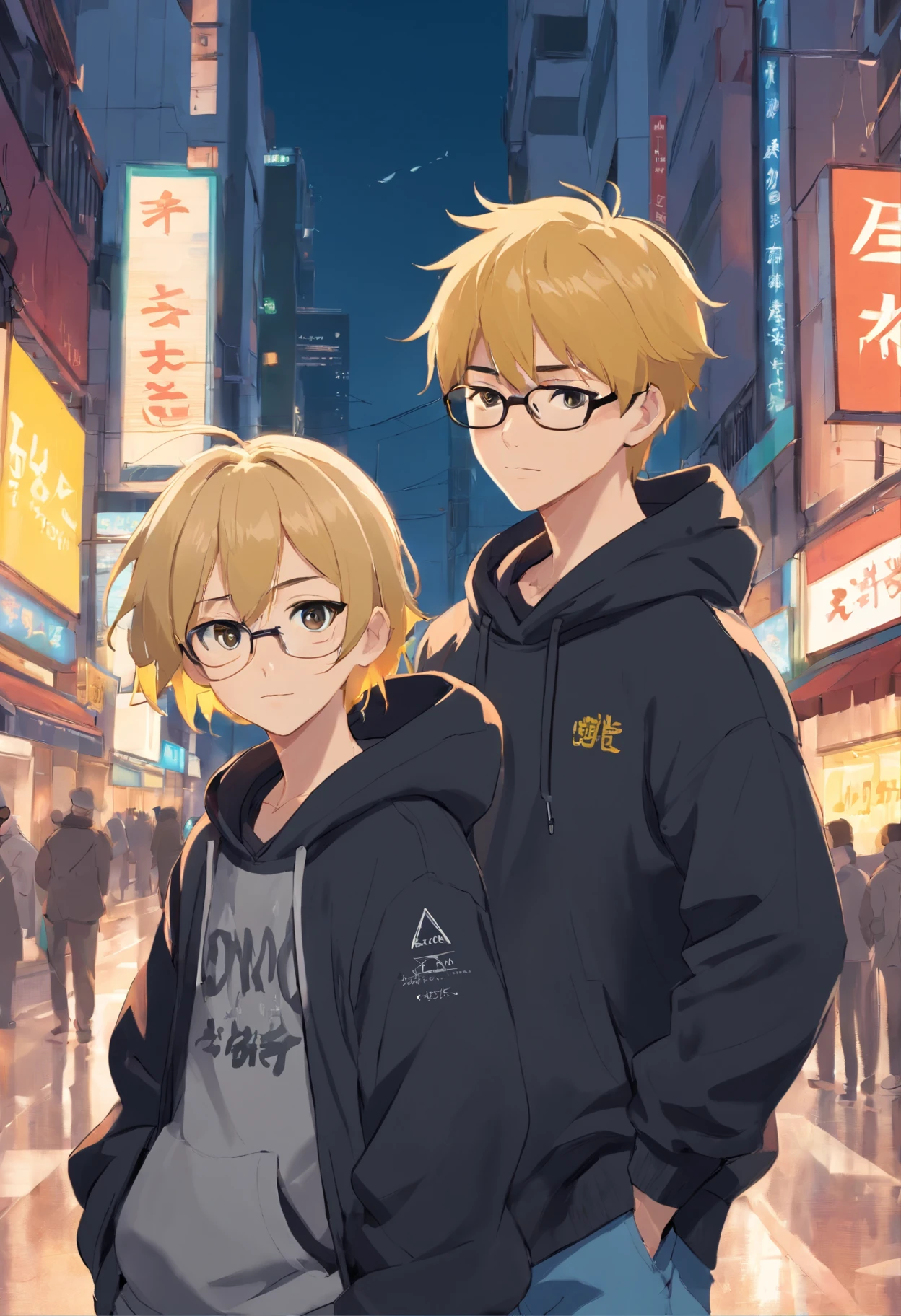 The boy is wearing a black hoodie and has an "advisory" written on the chest of the jacket, and the boy is wearing a gray beanie hat and wearing round black glasses and has yellow hair.