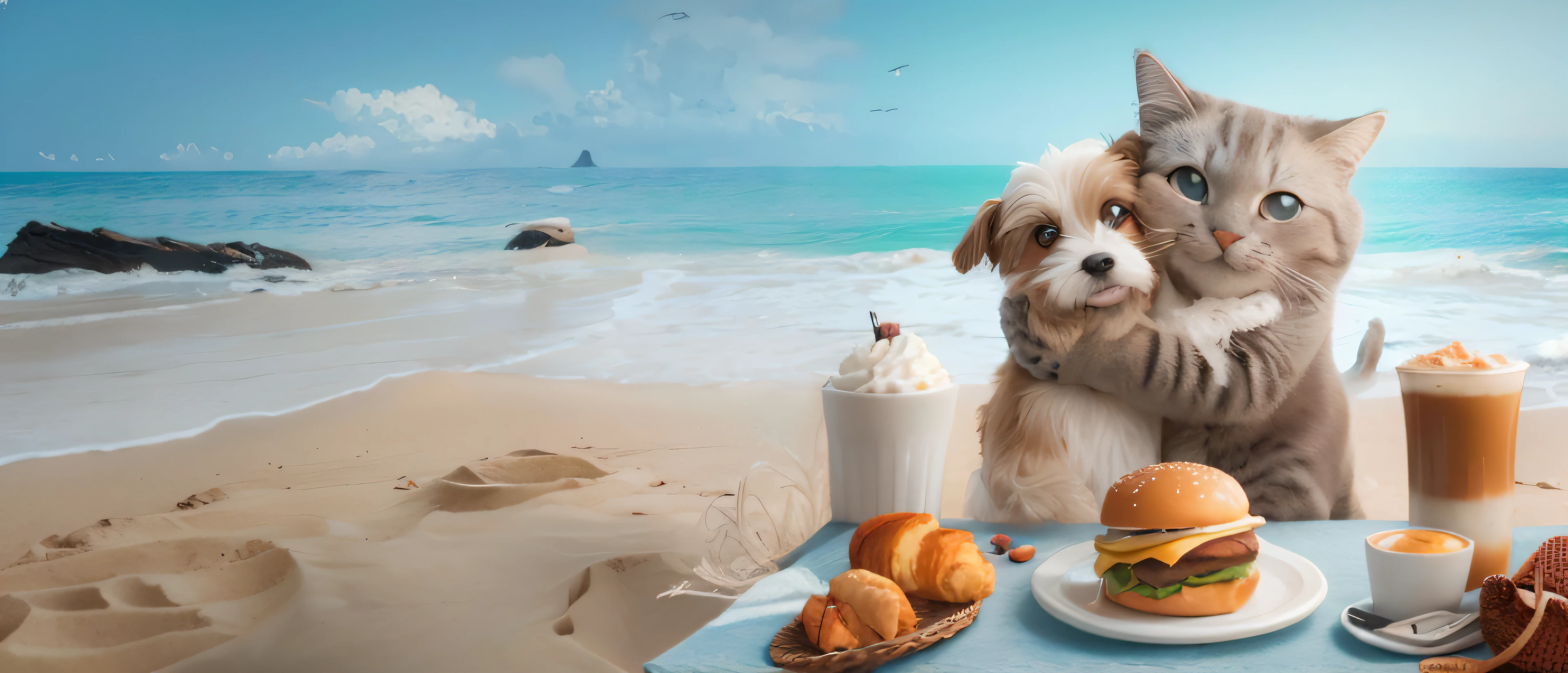 en una playa, hay un gato y un perro abrazados y sentados en una mesa con hamburguesa, Coffee and Butter Chips.  Estilo fotorrealista, super realistic food picture, highly detailed composition, Render 3D y pintura mate, Estilo fotorrealista, Escena realista, Toma de retrato, fantasy matte painting，Lindo, Foto hipperealista, Comercial de alimentos 4K, 3 d cg, CG 3D
