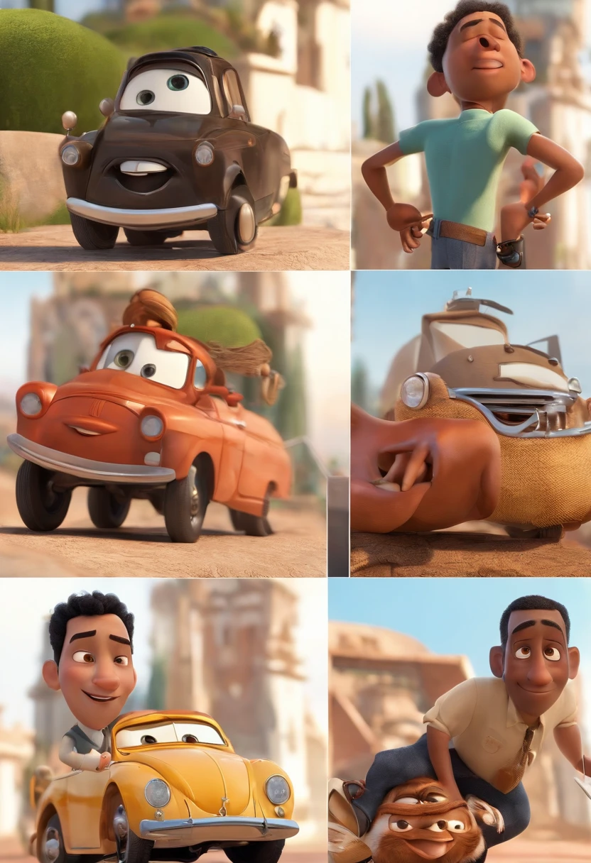 A city councilman looking at a dream project inspired by Pixar animation, de perto. The character takes center stage with captivating facial expressions, oferecendo um toque de irrealidade. (Homem negro de cabelo curto) Pelé Moreno ,com barca cheia, olhos castanhos escuros. Com fundo de carro de aplicativo em 3D Pixar com muito alta qualidade e nitidez. Com balo muito curto 33 years old He is a ride-hailing driver. De roupas social moreno de 80 Kilos. Cabelo cortado.Tudo com muita qualidade Pixar Disney.