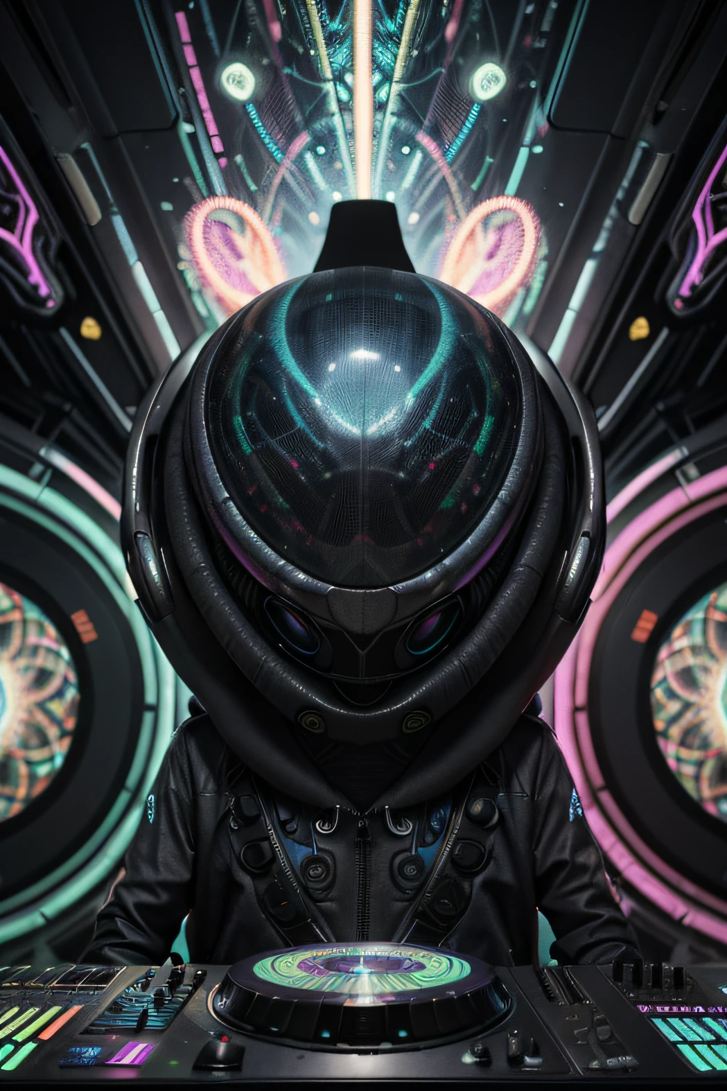 Papel de parede Alien gray DJ Psy Trance, ciborgue, Hiperealista, Stimulus to Art, cores vibrantes, Detailed alien creature, Swirling psychedelic patterns, neon lights, atmosfera estranha, Estilo de Arte Digital, 8K resolution