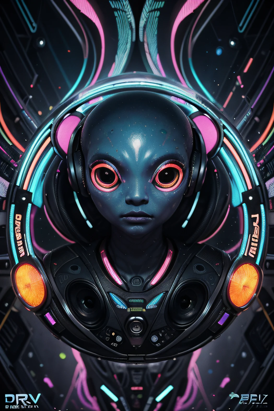 Papel de parede Alien gray DJ Psy Trance, ciborgue, Hiperealista, Stimulus to Art, cores vibrantes, Detailed alien creature, Swirling psychedelic patterns, neon lights, atmosfera estranha, Estilo de Arte Digital, 8K resolution