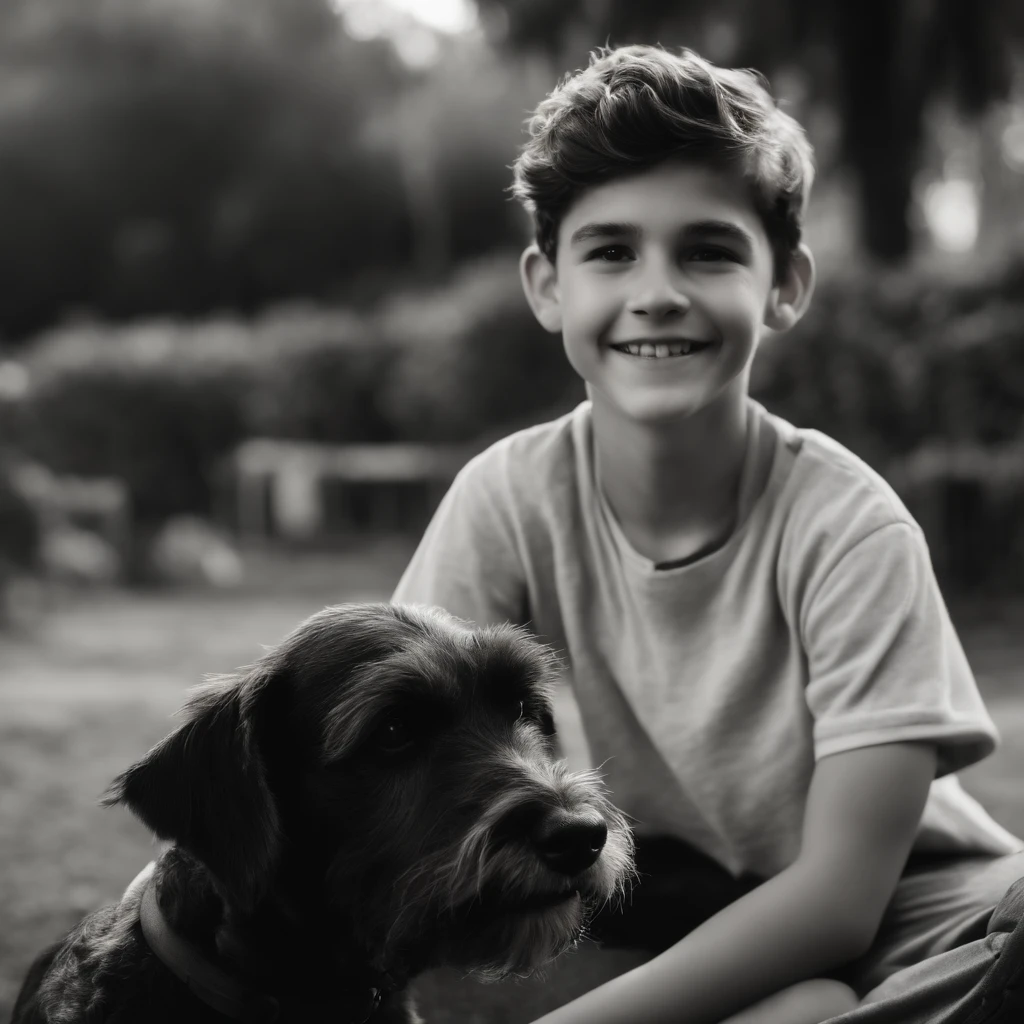 Lucas is a smiling 15-year-old human boy, com seu fiel amigo, Bolt, o cachorro schnauzer, deitados no jardim
