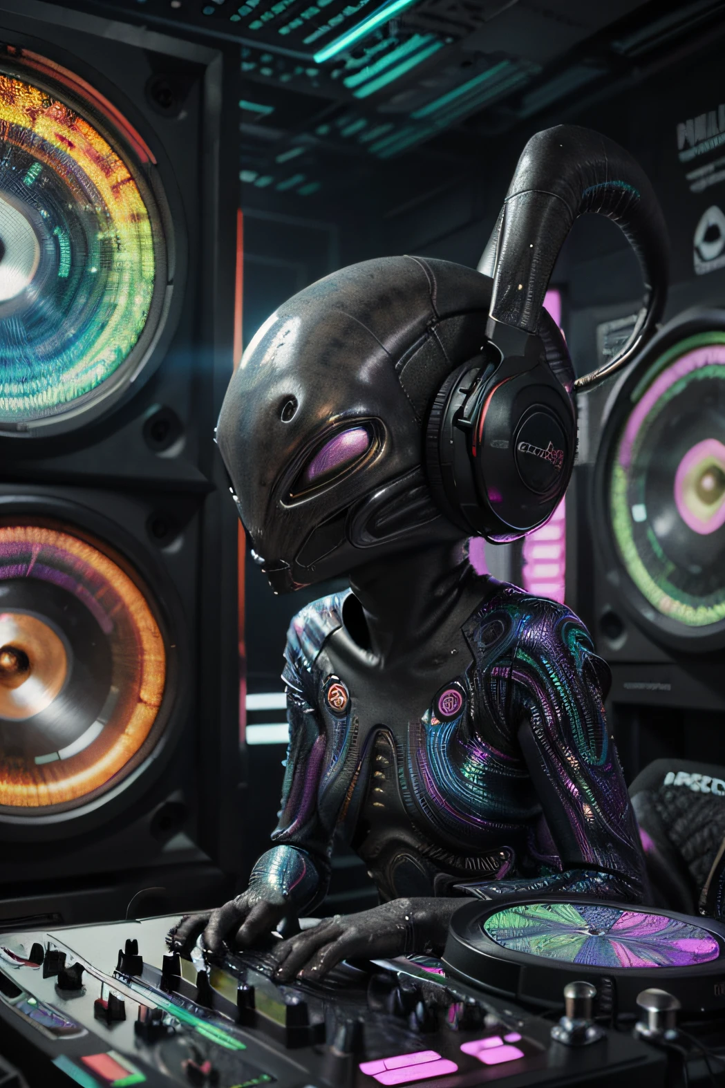 Papel de parede Alien DJ Psy Trance, ciborgue , Stimulus to Art, cores vibrantes, Detailed alien creature, Swirling psychedelic patterns, neon lights, atmosfera estranha, Estilo de Arte Digital, 8K resolution