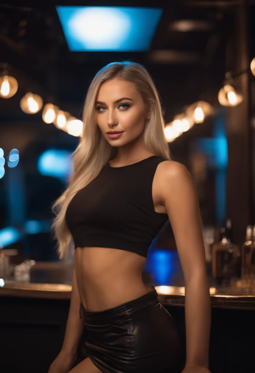 Blonde woman posing in nightclub with matching tank top and skirt, Sexy girl with blue eyes, portrait sophie mudd, blur backgroun, Best quality, 1girll, Portrait of Corinna Kopf, blonde hair and large eyes, selfie of a young woman, Orn makeup, natural makeup, Look directly into the camera, face with artgram, Decentus makeup, Great full body photo, Being in the room, Large of breast, Blonde, latina
