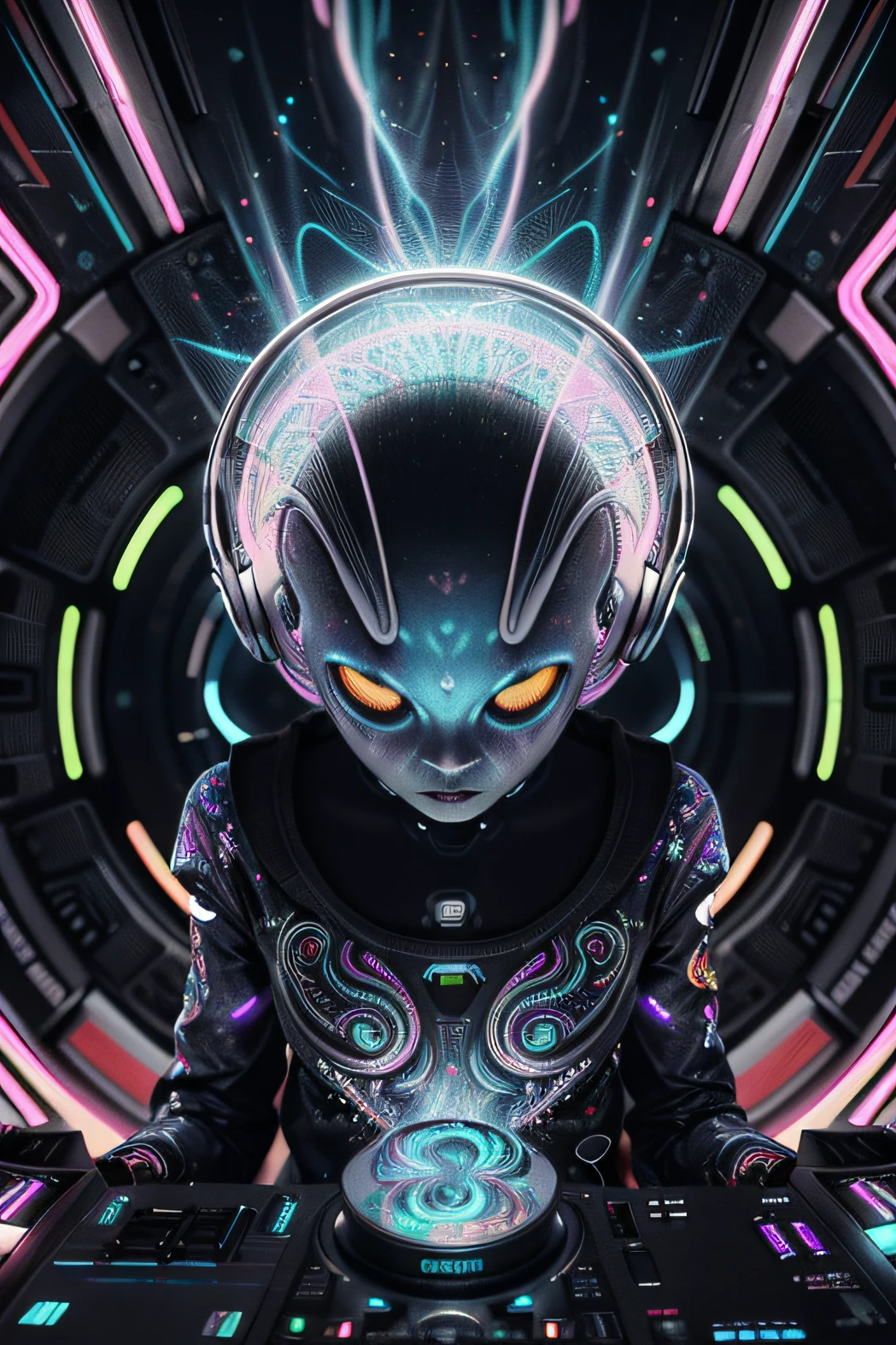 Papel de parede Alien gray DJ Psy Trance, ciborgue, Hiperealista, Stimulus to Art, cores vibrantes, Detailed alien creature, Swirling psychedelic patterns, neon lights, atmosfera estranha, Estilo de Arte Digital, 8K resolution