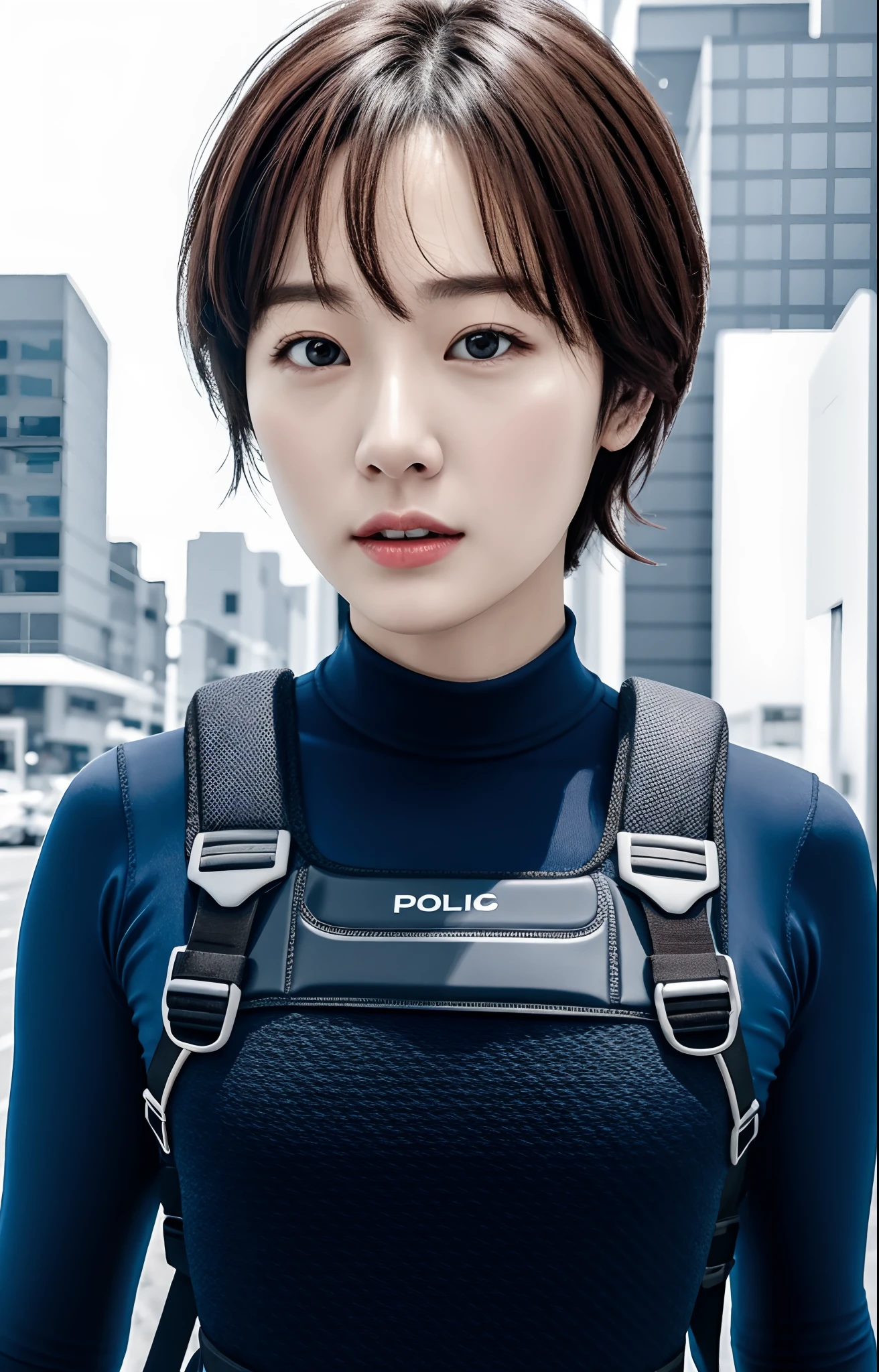 Highest image quality, outstanding details, ultra-high resolution, (realism: 1.4), ((close up:0.55, from front)), Photorealistic, highly condensed 1 lady, full body, short hair, Combat pose, (Detailed face), looking at the viewer, (chubby:0.35), (cloths color black:0.4 white:0.5 other-color:0.1), (wearing warm rash-guard likes police uniform, gloves, military harness, carrying hich-tech-backpack), background grey, Fingers are occluded