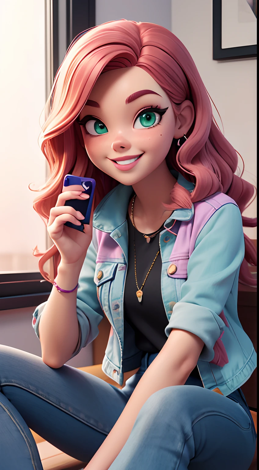 Pixar style, 3D, Caucasian girl, with straight wavy, long red hair with pink highlights, green eyes, wearing a black blouse and pastel purple denim jacket, sitting, holding a cell phone, smiling in a modern, colorful setting.