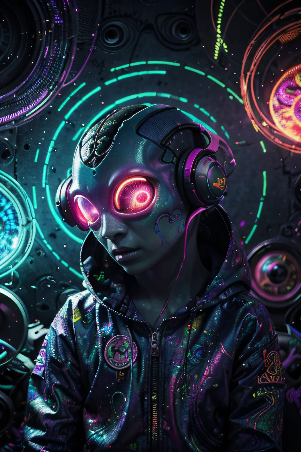 Papel de parede Alien Psy Trance com fones de ouvido, Stimulus to Art, cores vibrantes, Detailed alien creature, Swirling psychedelic patterns, neon lights, atmosfera estranha, Estilo de Arte Digital, 8K resolution