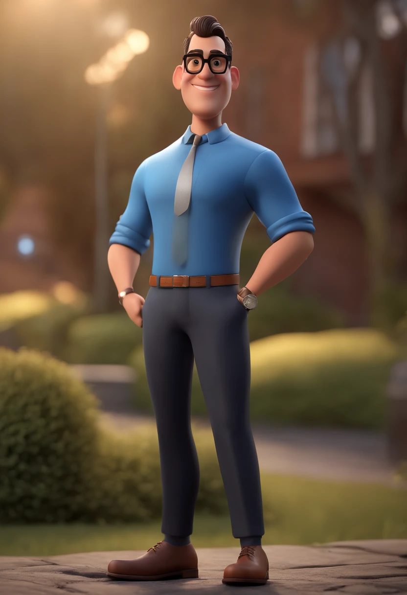 Cartoon character of a man with black glasses and a blue shirt, animation character, Caractere estilizado, animation style rendering, 3D estilizado, Arnold Maya render, 3 d render stylized, toon render keyshot, Personagem 3D, Personagem 3D, 3d rendering stylized, 3 d character render, personagem de desenho animado, Personagem de close up, Pose de personagem,  (Estilo Pixar) (master part:1.2) (Bokeh) (best quality) (pele detalhada) (textura detalhada) (8k) (argila) (Cinematic lighting) (foco nítido