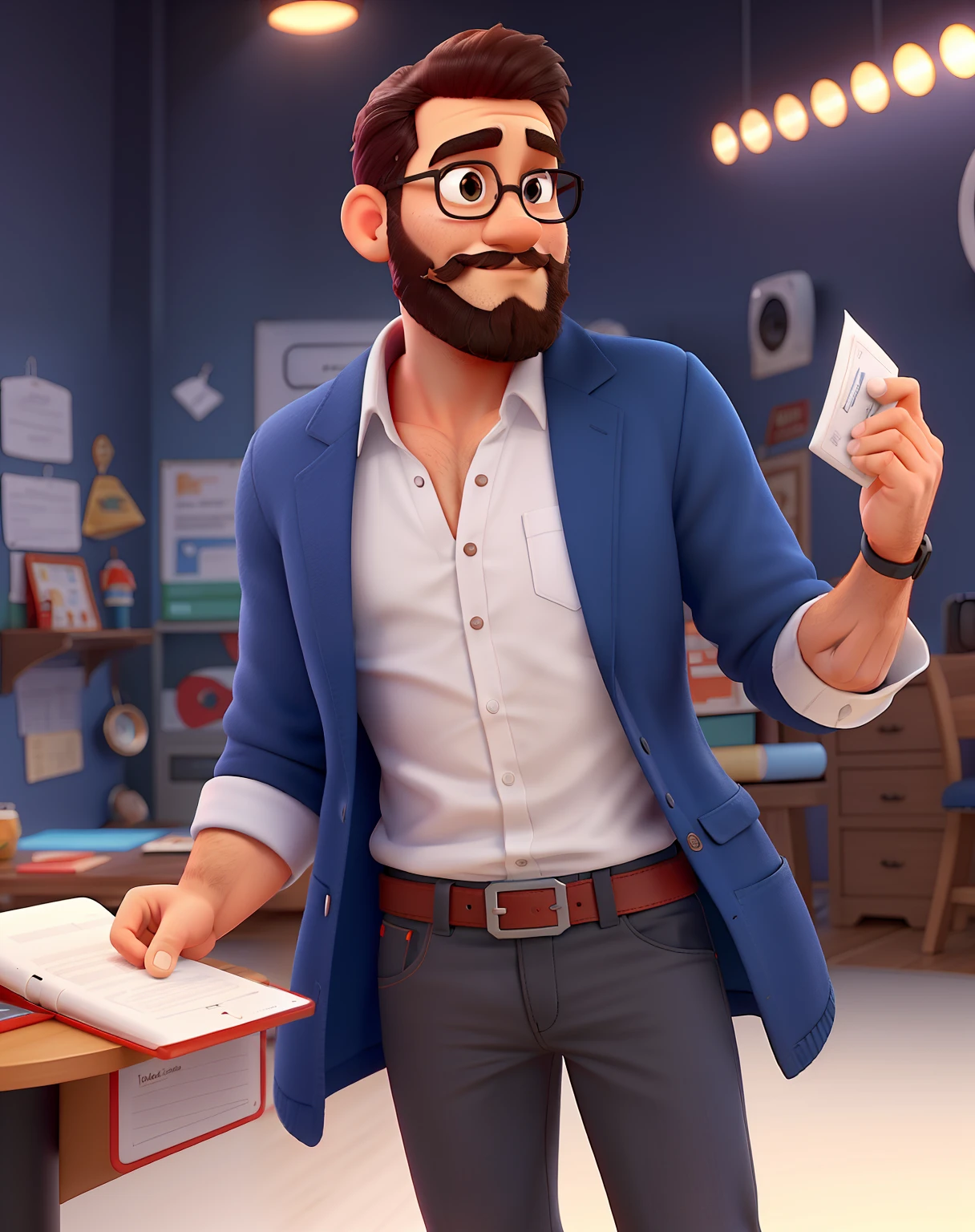 Pode melhorar barba mais rala com uns fios brancos, Make the full body appearing white red shoes. Man stands on black background on a speaker-like stage with microphone in one hand and book in the other in Disney pixar style best quality, maior qualidade.