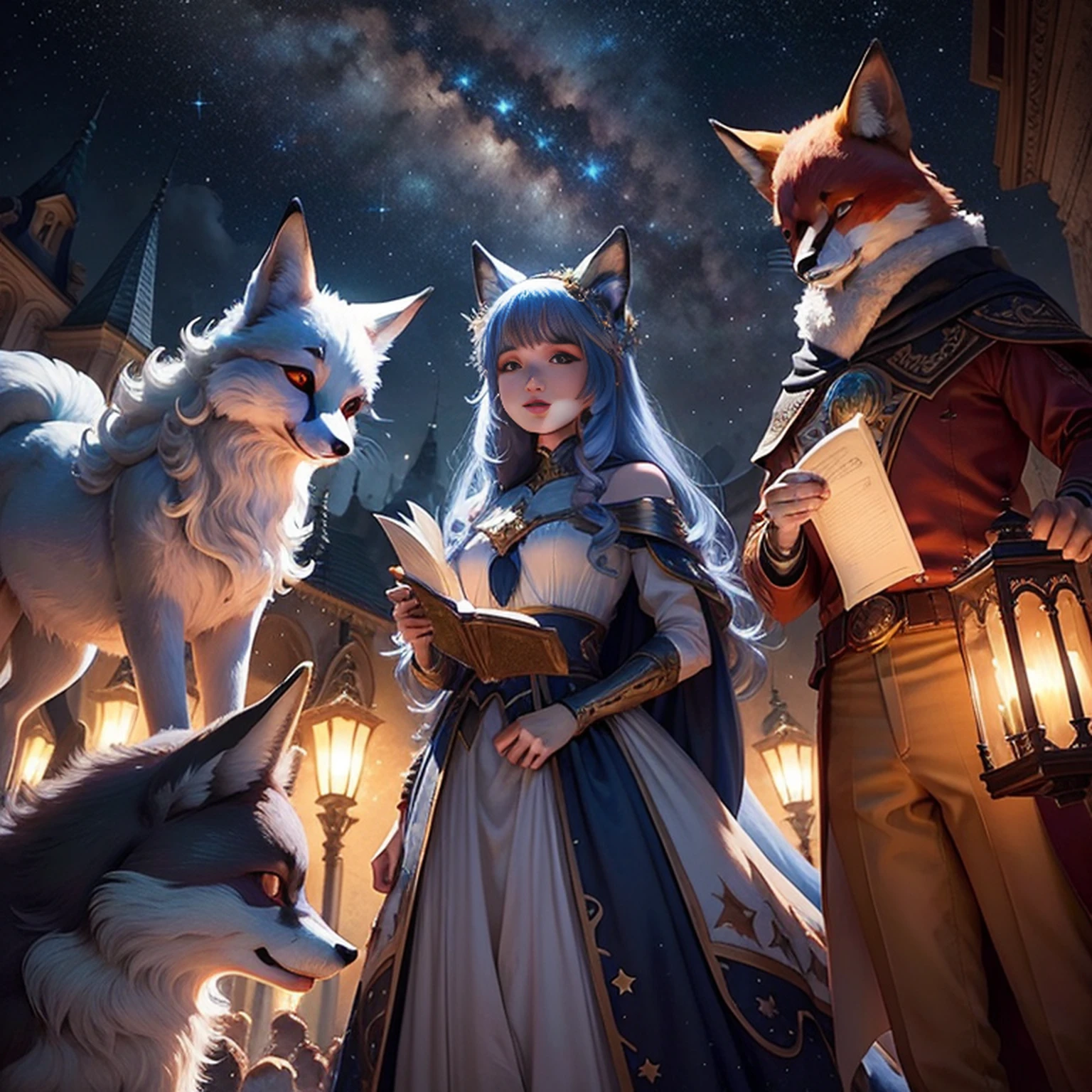 Create an enchanting cover that depicts Star Friends in an epic adventure scene.
Coloque a raposa Lumi, O protagonista, no centro da imagem, with his constellation of foxes shining above him