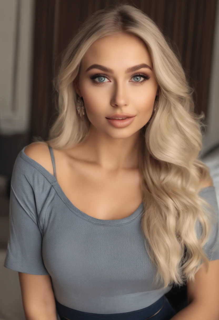 Blonde woman posing in her room with matching tank top and skirt, Sexy girl with blue eyes, portrait sophie mudd, Best quality, 1girll, Portrait of Corinna Kopf, blonde hair and large eyes, selfie of a young woman, Orn makeup, natural makeup, Look directly into the camera, face with artgram, Decentus makeup, Great full body photo, Being in the room, Large of breast, Blonde, latina