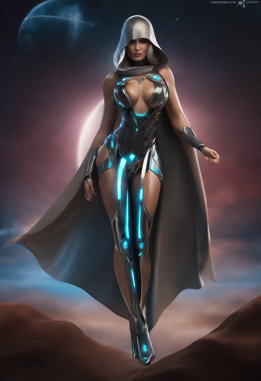 a cybernetic woman, com um corpo inteiro escultural perfeito, Realistic, barriga aparecendo, (Seios grandes e perfeitos), decote, ..3d, with hood on the head and a cape, e uma viseira vermelha no olho direito, Estilo anime 3D, ultra realistic, disco Rigido,