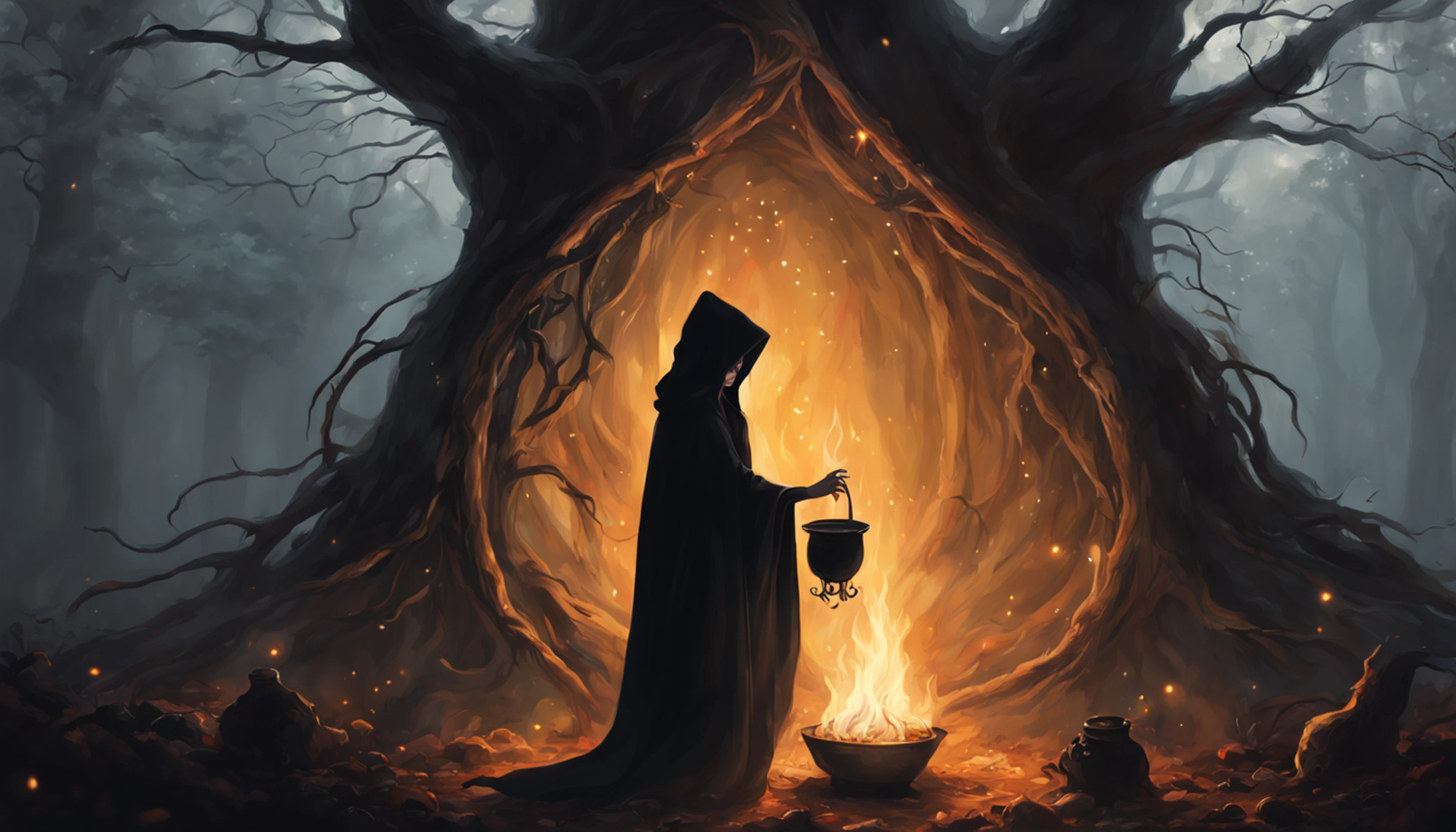 Crie uma imagem de uma bruxa realizando magia negra em uma clareira de floresta iluminada pela lua. The witch wears a flowing cloak and her eyes shine brightly. Symbols of power form in the air around her as she casts spells. Velas piscam, and a cauldron emits mist over a fire. The scene evokes both admiration and discomfort, com cores profundas e contrastes gritantes. Capture the witch's focus and mystical atmosphere in this captivating image