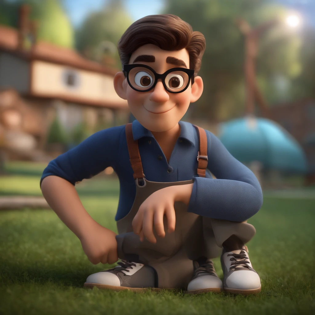 create a 3D movie poster inspired by Disney Pixar, The scene should be in Pixar's signature digital art style, with a caricature image reminiscent of a kindergarten teacher, cabelos pretos e pontas loiras, Oval glasses in black color, olhos castanhos escuros, in overalls and sneakers