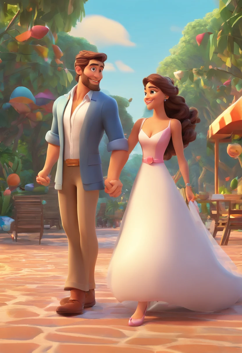Cartoon of couple having fun on vacation together, 3D Animation Movie Poster, Poster de filme animado, pixar 3 d animation style, pixar renderman rendering, , Disney Pixar Estilo 3D, Casal saem juntos, Ele esta vestindo termo azul escuro, e um sapato caramelo, Ela esta vestindo um vestido de noiva branco. his hair is short, castanho claro, tem labios grossos. He's strong. strong upper arms. He's tall and white. She has long, curly hair. she's black, labios carnudos. Ela sorri. He's serious. Ao ar livre, Holidays in the woods, Disney Pixar Animation Poster