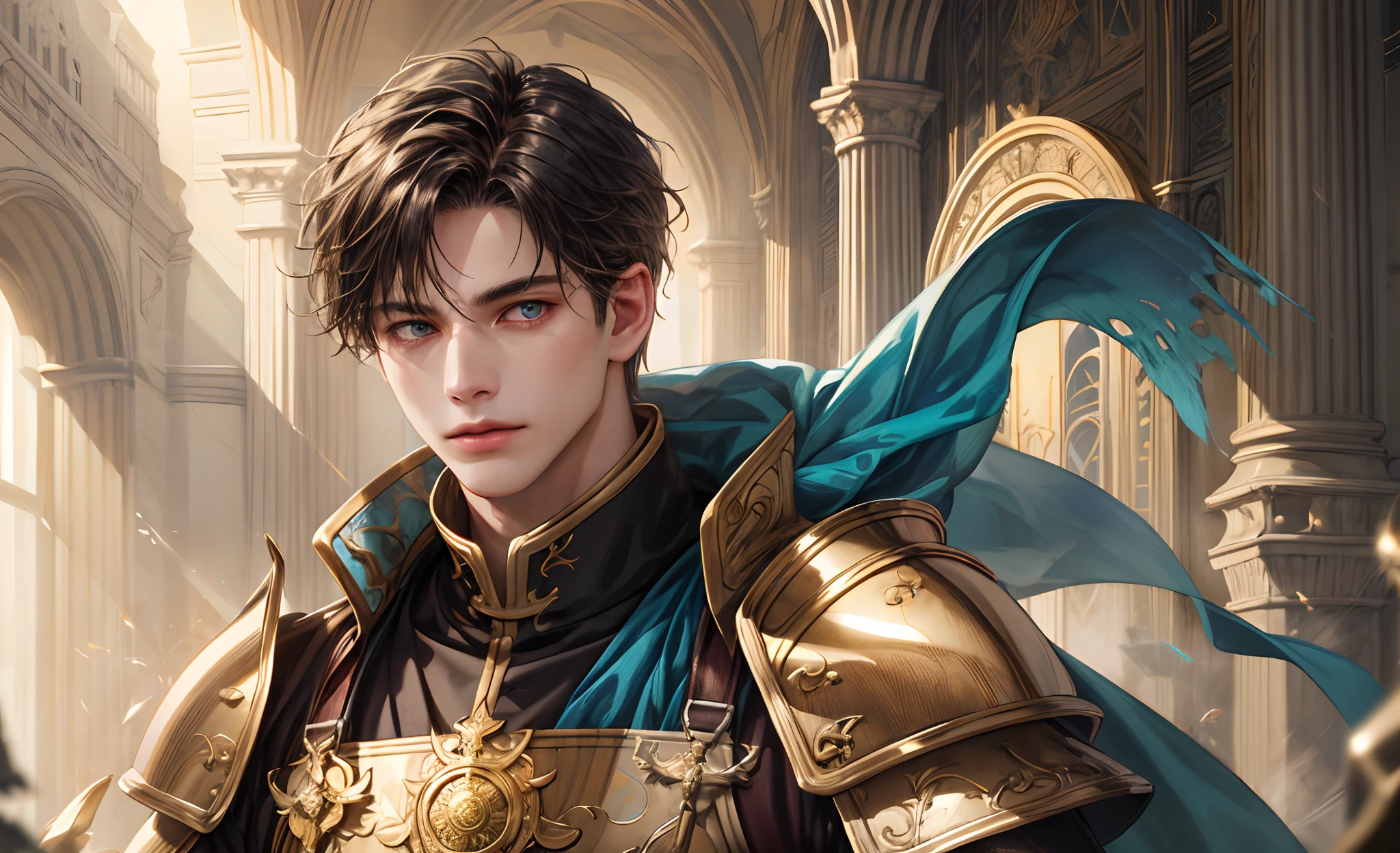 (Absurdres, Intricate Details, Masterpiece, Best Quality, High Resolution, 8k), 1 male, thin, young, aged up, masked, finely detailed eyes and face, auburn low-fade hair, portrait, looking at viewer, solo, half shot, detailed background, (light fantasy theme:1.1), focusing, mercenary, sunshine, floating scraps, color plate armor, divine aura, bright realistic lighting, marble castle, intense atmosphere, circlet, coat of arms, brazier, , Depth of Field, VFX, both eyes open, facing to camera, better eyes detailed, highly detailed