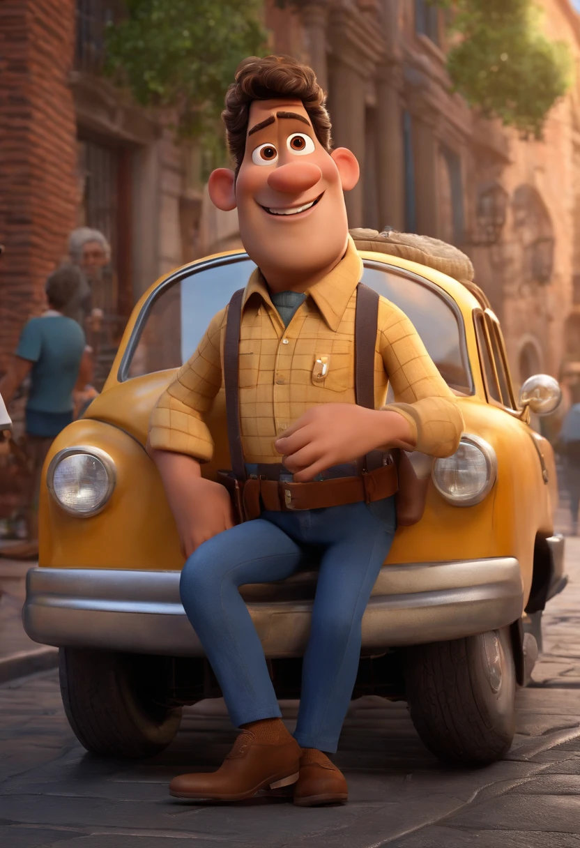 A city councilman looking at a dream project inspired by Pixar animation, de perto. The character takes center stage with captivating facial expressions, oferecendo um toque de irrealidade. (Homem negro de cabelo curto) Pelé Moreno ,com barca cheia, olhos castanhos escuros. Com fundo de carro de aplicativo em 3D Pixar com muito alta qualidade e nitidez. Com balo muito curto 33 years old He is a ride-hailing driver. De roupas social moreno de 80 . Warm with strong traces. Cabelo cortado bem cortado. Kilos. Cabelo cortado.Tudo com muita qualidade Pixar Disney.