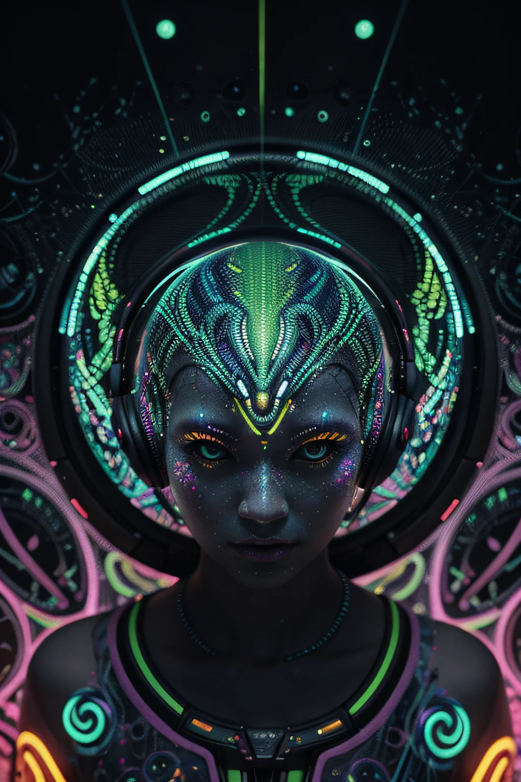 Papel de parede Alien Psy Trance com fones de ouvido, Stimulus to Art, cores vibrantes, Detailed alien creature, Swirling psychedelic patterns, neon lights, atmosfera estranha, Estilo de Arte Digital, 8K resolution