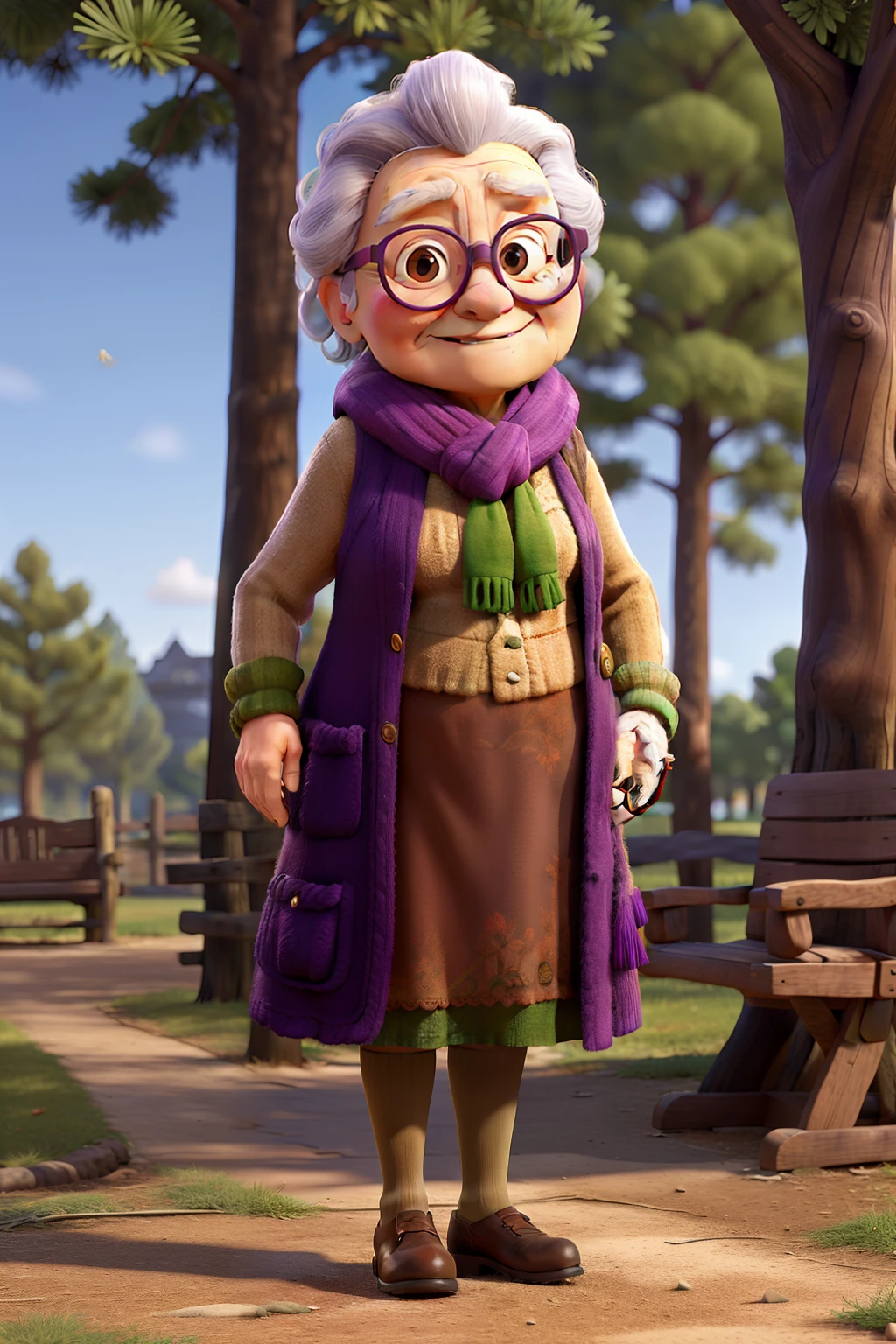 masterpiece, best quality, an old woman with glasses and a scarf on, wearing a purple coat and green scarf, standing at the park