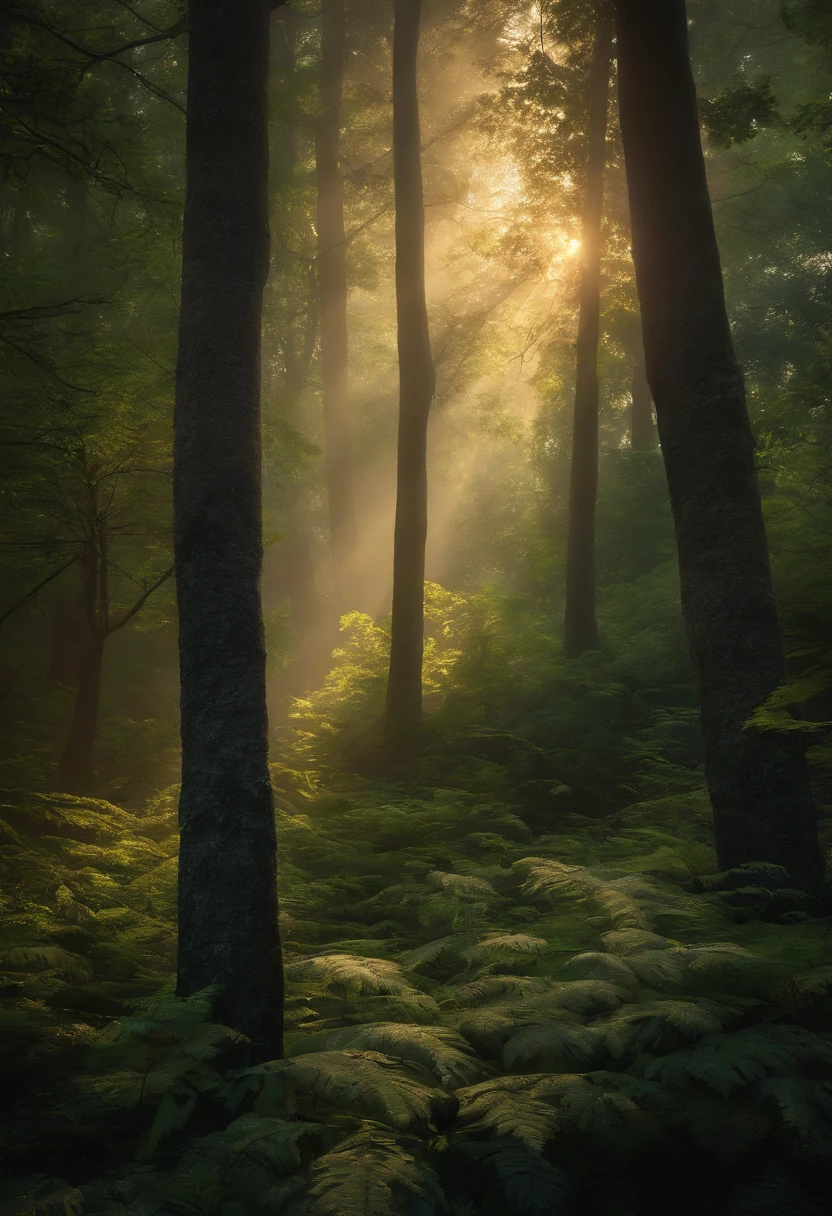 Create an inspiring digital artwork that captures the serene beauty of an ancient forest at dusk. The scene should feature towering trees bathed in soft, golden light filtering through the foliage, casting soft shadows over lush undergrowth. The image should evoke a sense of tranquility and wonder, convidando os espectadores a mergulhar no encantador reino da natureza.