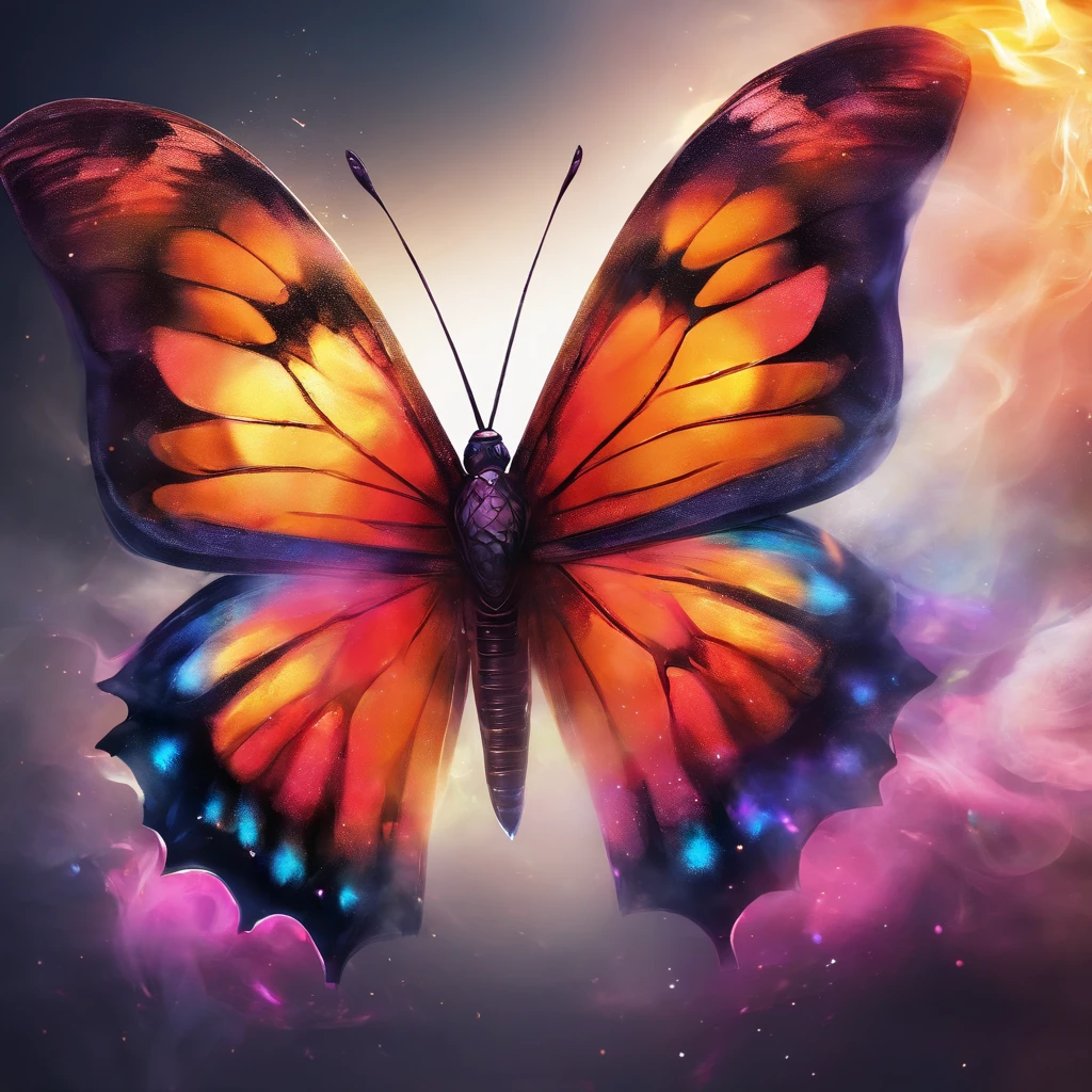 front view, a colorful butterfly surrounded by colored smoke, black background, ultra realistic, lots of details, cinematic light, 4k