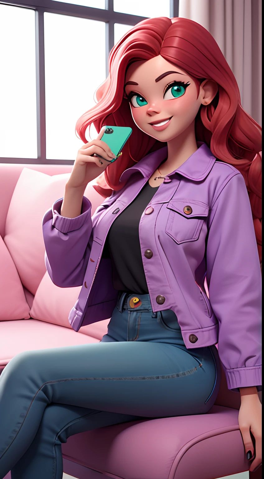 Pixar style, 3D, Caucasian girl, with straight wavy, long red hair with pink highlights, green eyes, wearing a black blouse and pastel purple denim jacket, sitting, holding a cell phone, smiling in a modern, colorful setting.