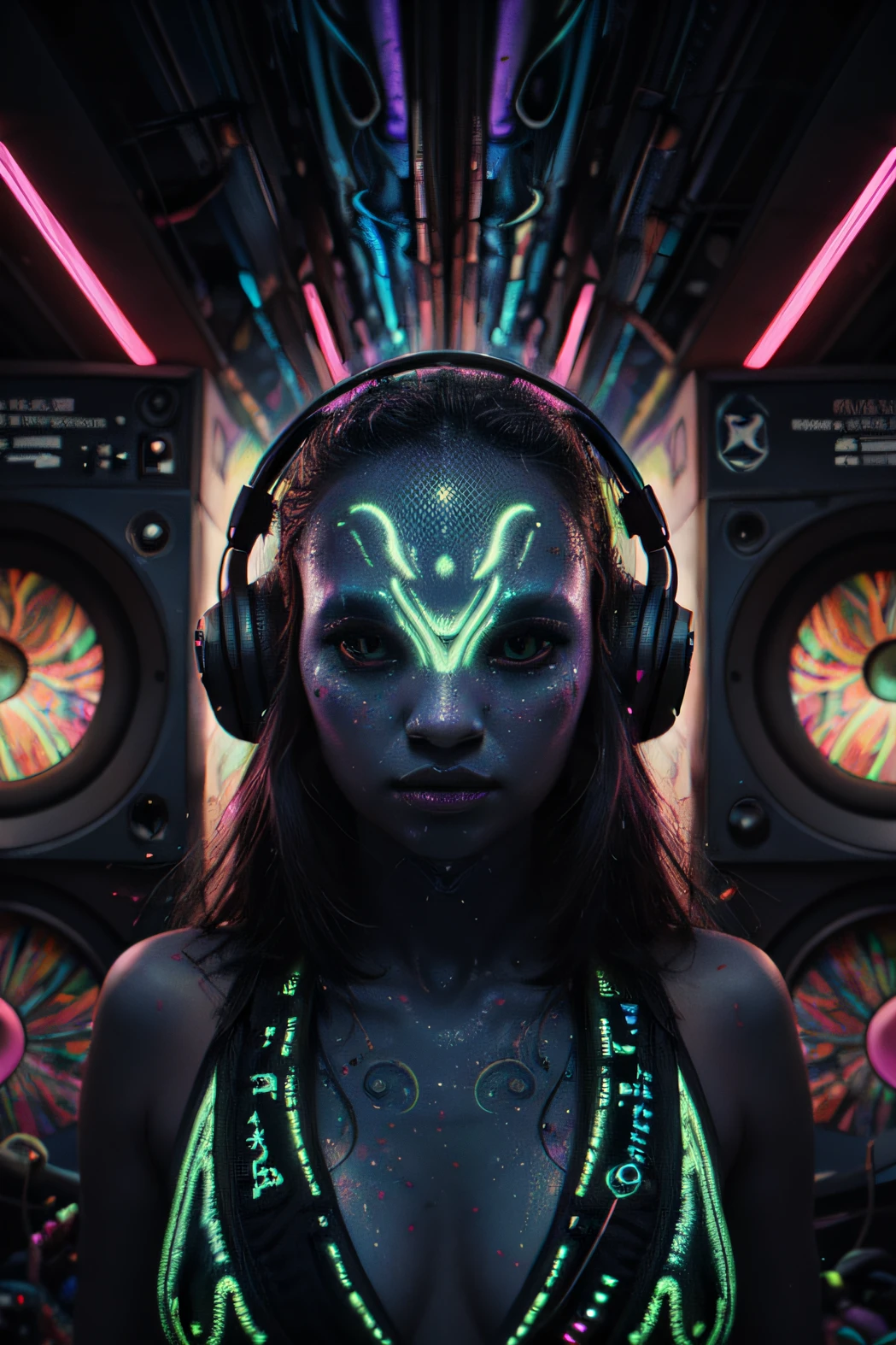 Papel de parede Alien Psy Trance com fones de ouvido, Stimulus to Art, cores vibrantes, Detailed alien creature, Swirling psychedelic patterns, neon lights, atmosfera estranha, Estilo de Arte Digital, 8K resolution