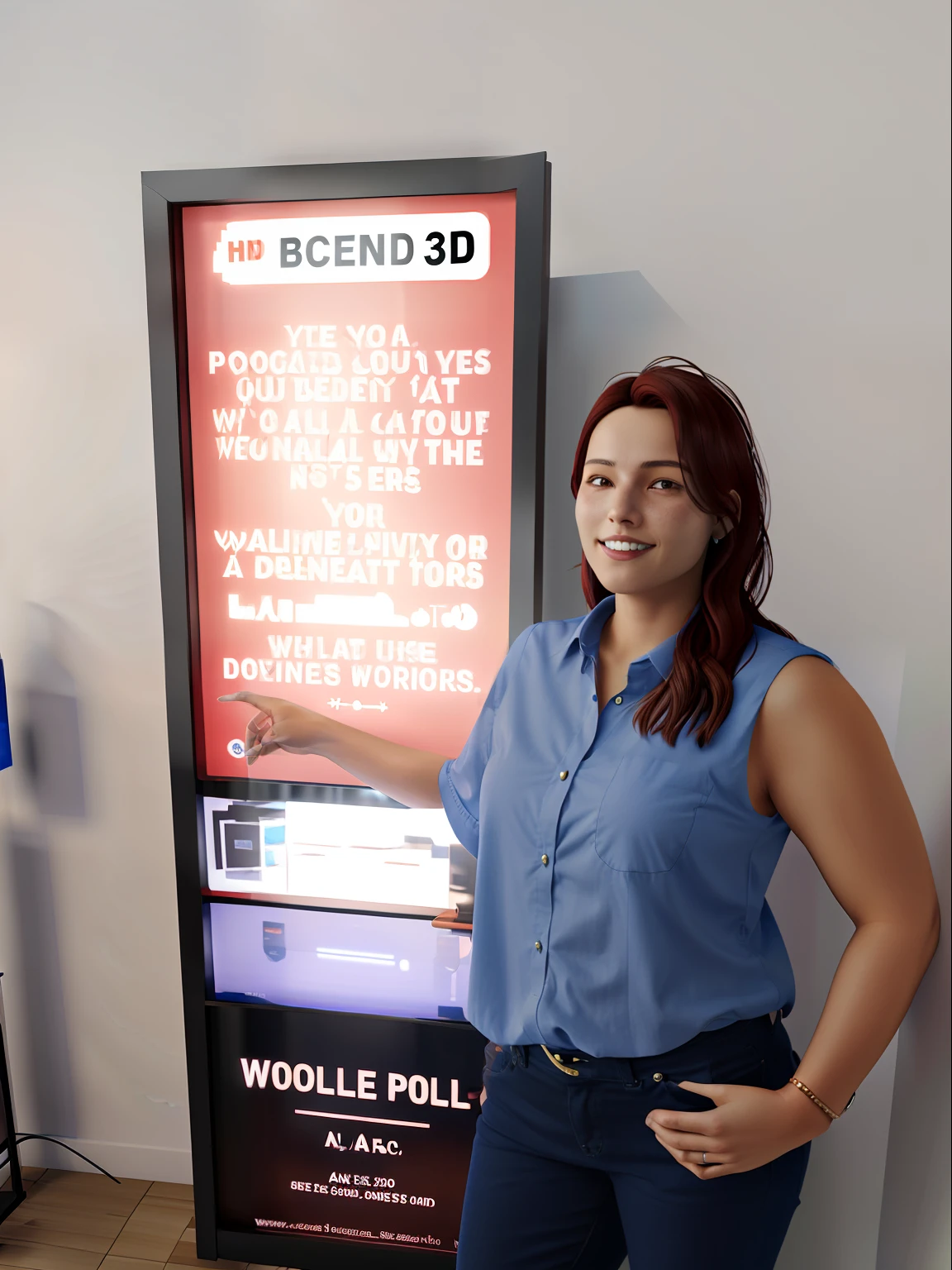 woman in front of a sign advertising a business, in pixel 3d model