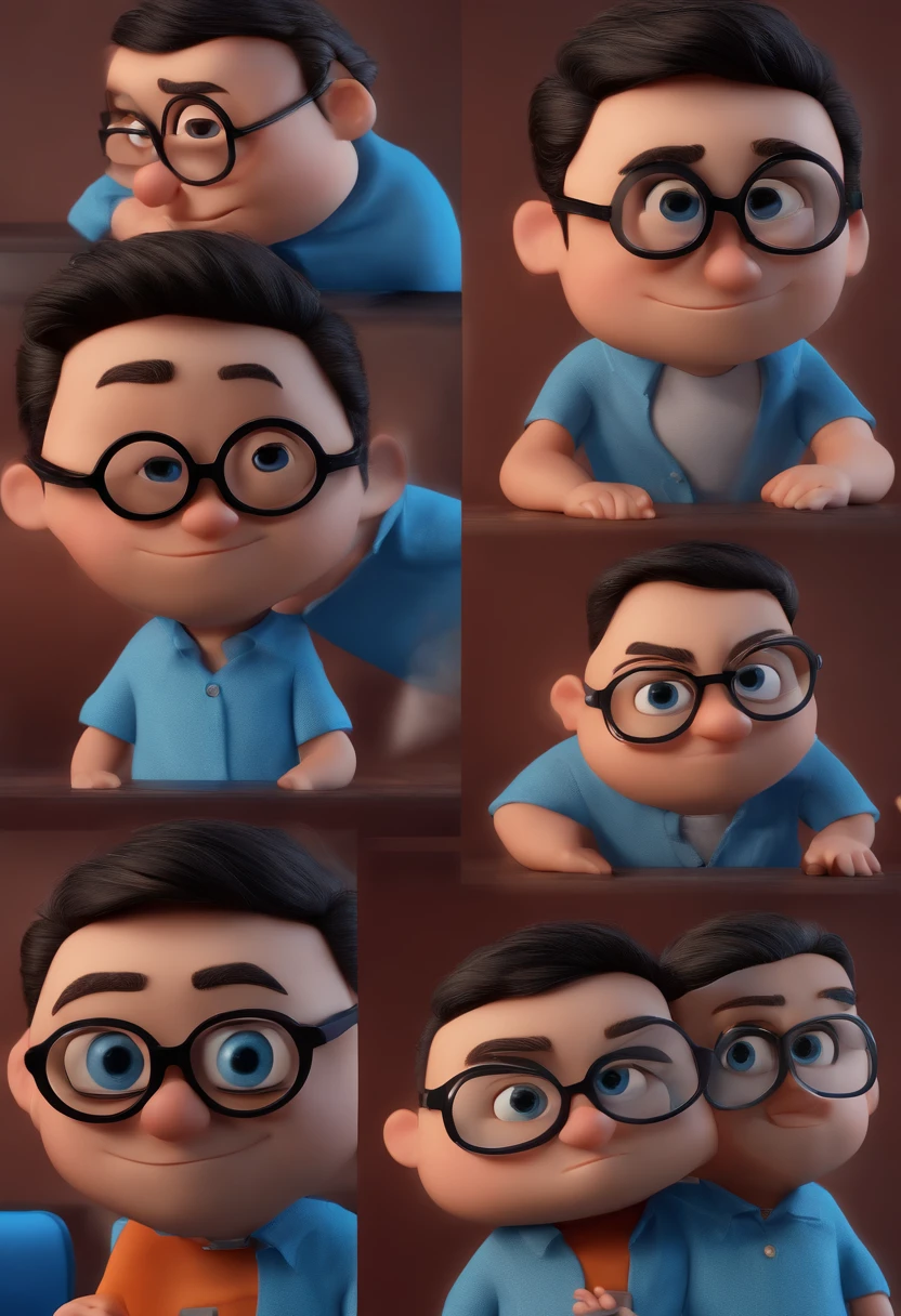 Cartoon character of a man with black glasses and a blue shirt, animation character, Caractere estilizado, animation style rendering, 3D estilizado, Arnold Maya render, 3 d render stylized, toon render keyshot, Personagem 3D, Personagem 3D, 3d rendering stylized, 3 d character render, personagem de desenho animado, Personagem de close up, Pose de personagem, (Estilo Pixar) (master part:1.2) (Bokeh) (best quality) (pele detalhada) (textura detalhada) (8k) (argila) (Cinematic lighting) (foco nítido