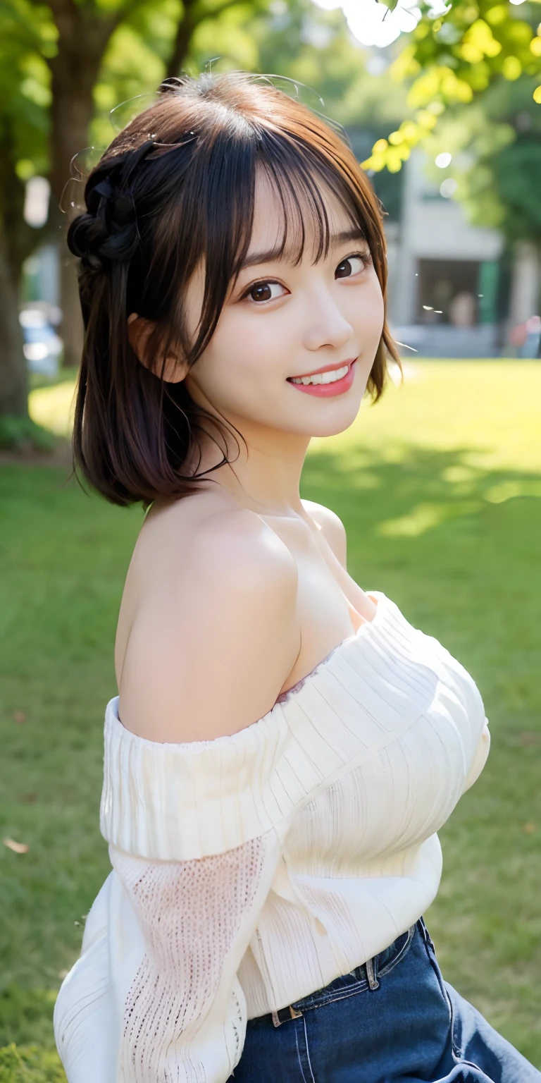 masutepiece, Best Quality, 
Ultra-detailed, finely detail, hight resolution, in 8K,
((Photorealsitic:1.4, Raw photography, 超A high resolution,Top image quality: 1.4)),
Wallpaper, 
((Perfect whole body configuration1.5)), 
Beautiful detailed eyes, Natural Color Lip,
((a serene smile:1.5)),
((Random and cute hairstyles)), 
((rather large breasts:1.2)),
((from the front side:1.5)),
((breastsout、under look eyes、breastsout、Mole on the arm:0.9)),
((Random blurry background)),((the setting sun)),((Colored leaves)),
((Random and cute facial expressions)),, 
very detailed and professional lighting、
Perfect dynamic composition, Beautiful detailed eyes,((bending forward)), ((Off-shoulder knit sweater:1.6)),((micromini skirt:1,5)),((Smile,Harajuku)),((Sexy shot looking at camera))