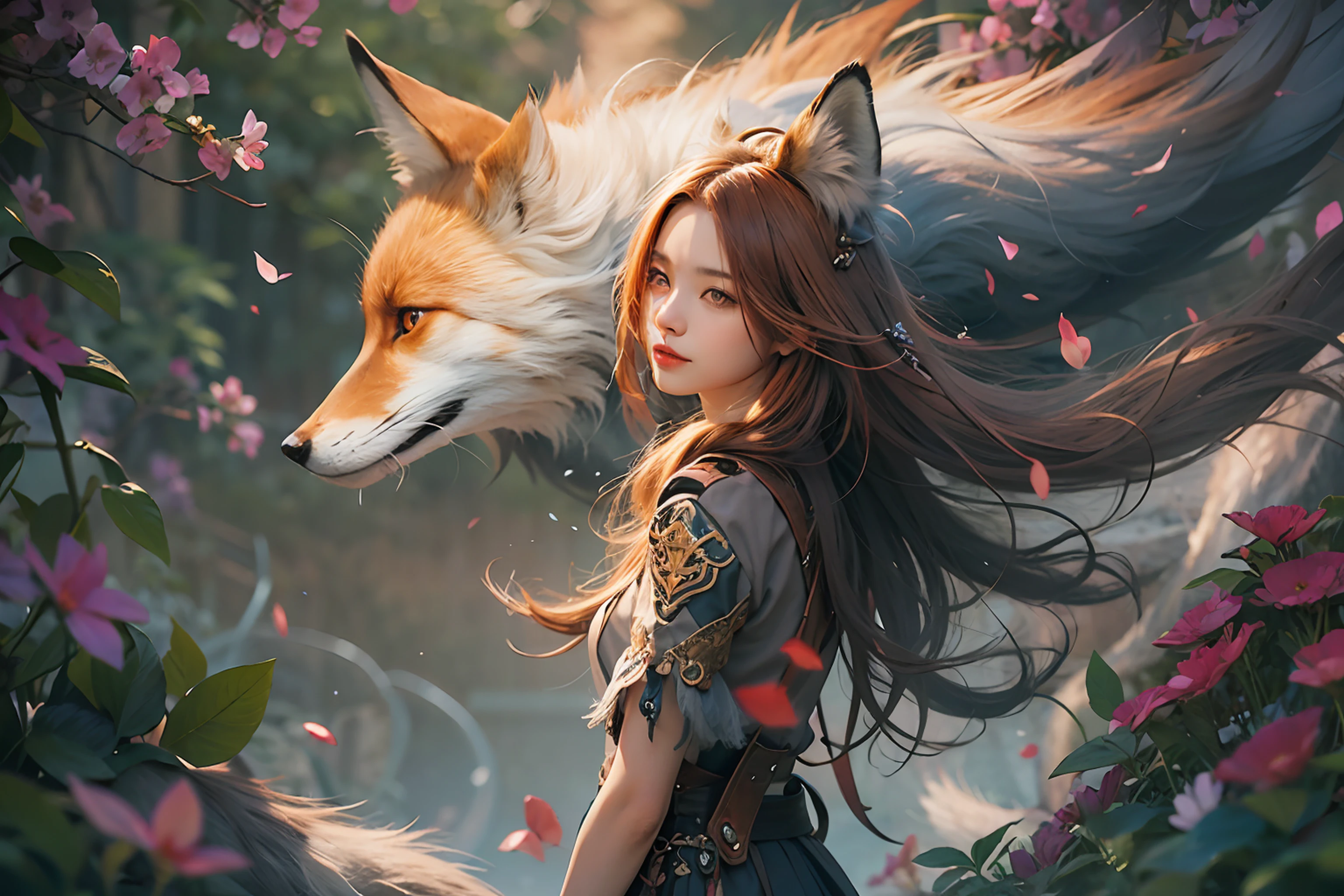 A female protagonist with a mystical aura embracing her fox-like spirit in a mesmerizing and enchanting world.