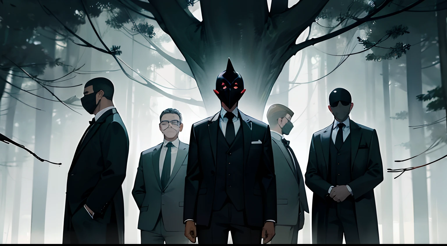 Photograph of 5 men of diverse ethnicity, All of them are dressed in black suits and black masks, Navigate through the dark forest. Their expressions are blank, The tree々It creates a menacing atmosphere that emerges from the gaps in.