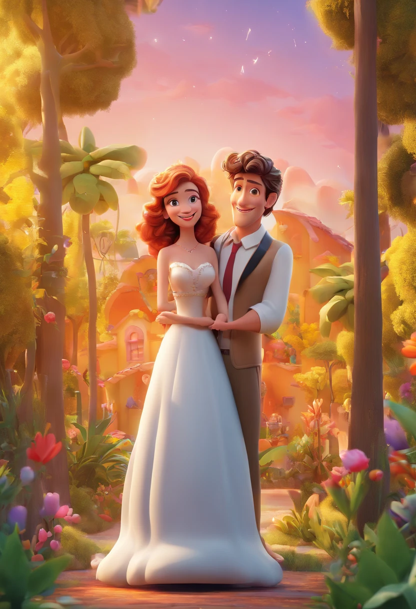 Cartoon of couple having fun on vacation together, 3D Animation Movie Poster, Poster de filme animado, pixar 3 d animation style, pixar renderman rendering, , Disney Pixar Estilo 3D, Casal saem juntos, Ele esta vestindo termo azul escuro, e um sapato caramelo, Ela esta vestindo um vestido de noiva branco. his hair is short, castanho claro, tem labios grossos. He's strong. strong upper arms. He's tall and white. She has long, curly hair. she's black, labios carnudos. Ela sorri. He's serious. Ao ar livre, Holidays in the woods, Disney Pixar Animation Poster