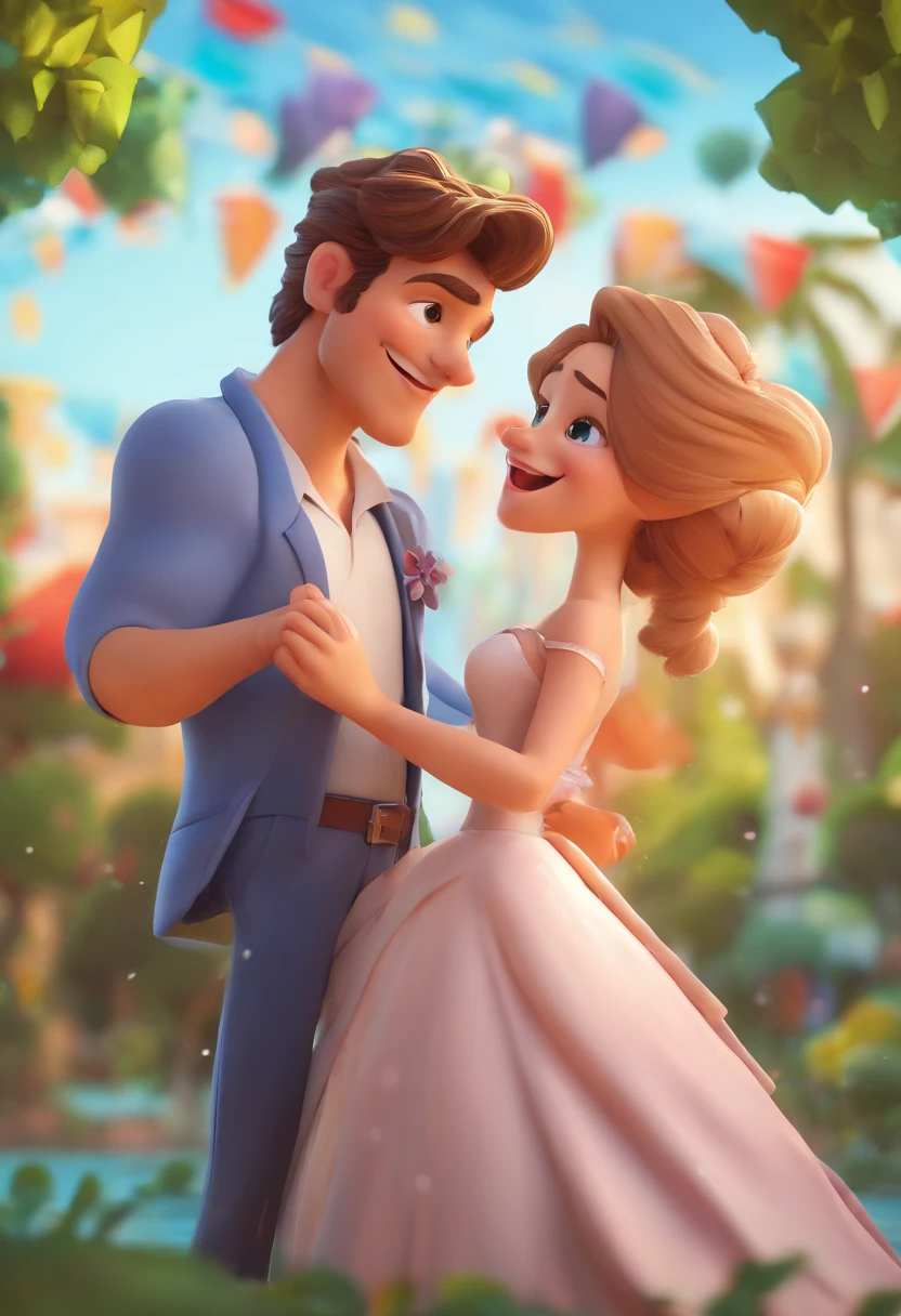 Cartoon of couple having fun on vacation together, 3D Animation Movie Poster, Poster de filme animado, pixar 3 d animation style, pixar renderman rendering, , Disney Pixar Estilo 3D, Casal saem juntos, Ele esta vestindo termo azul escuro, e um sapato caramelo, Ela esta vestindo um vestido de noiva branco. his hair is short, castanho claro, tem labios grossos. He's strong. strong upper arms. He's tall and white. She has long, curly hair. she's black, labios carnudos. Ela sorri. He's serious. Ao ar livre, Holidays in the woods, Disney Pixar Animation Poster