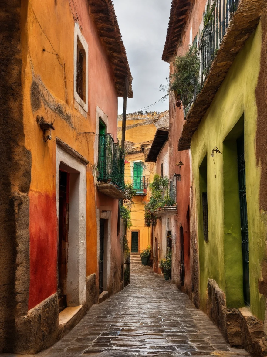 moderno, linhas de velocidade, Ponto de Fuga, UHD, obra prima, Altos detalhes,There's a guanajuato-style alley in Mexico in the bustling city,The wires are sandwiched between the houses on both sides,Stone bricks of different sizes are paved along the way,The sides are lined with greenery。It's only rained here,Puddles are scattered everywhere,The sky is grey,nada,Tudo parecia particularmente caseiro,ruas molhadas ,chovendo, um cachorro na rua, estilo abstrato