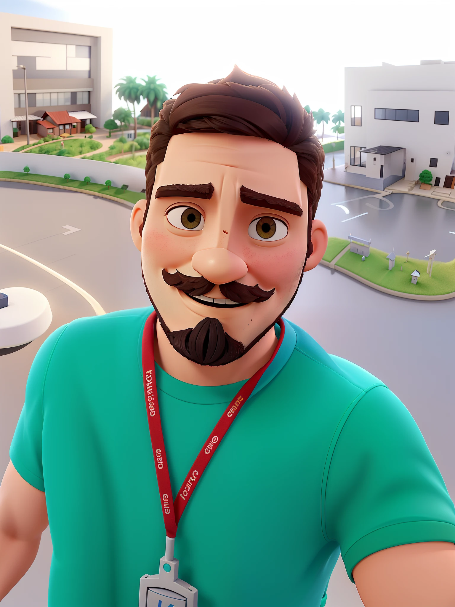 (Um jovem Homem) , olhos castanhos escuros, (sorridente), (Standing in front), (bigode e barba raspado limpo), (Illuminated by aerial light), (Set against the backdrop of a graphic design office), (imagem de alta qualidade).
