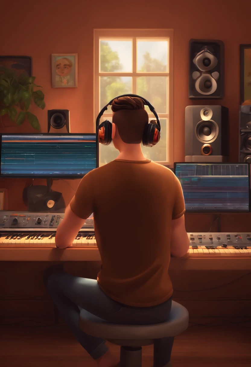 a man with his son, short hair, short beard, brown eyes, with headphones, a music studio in background, image in pixar style, 3D Animated Movie Style, disney, black t-shirt