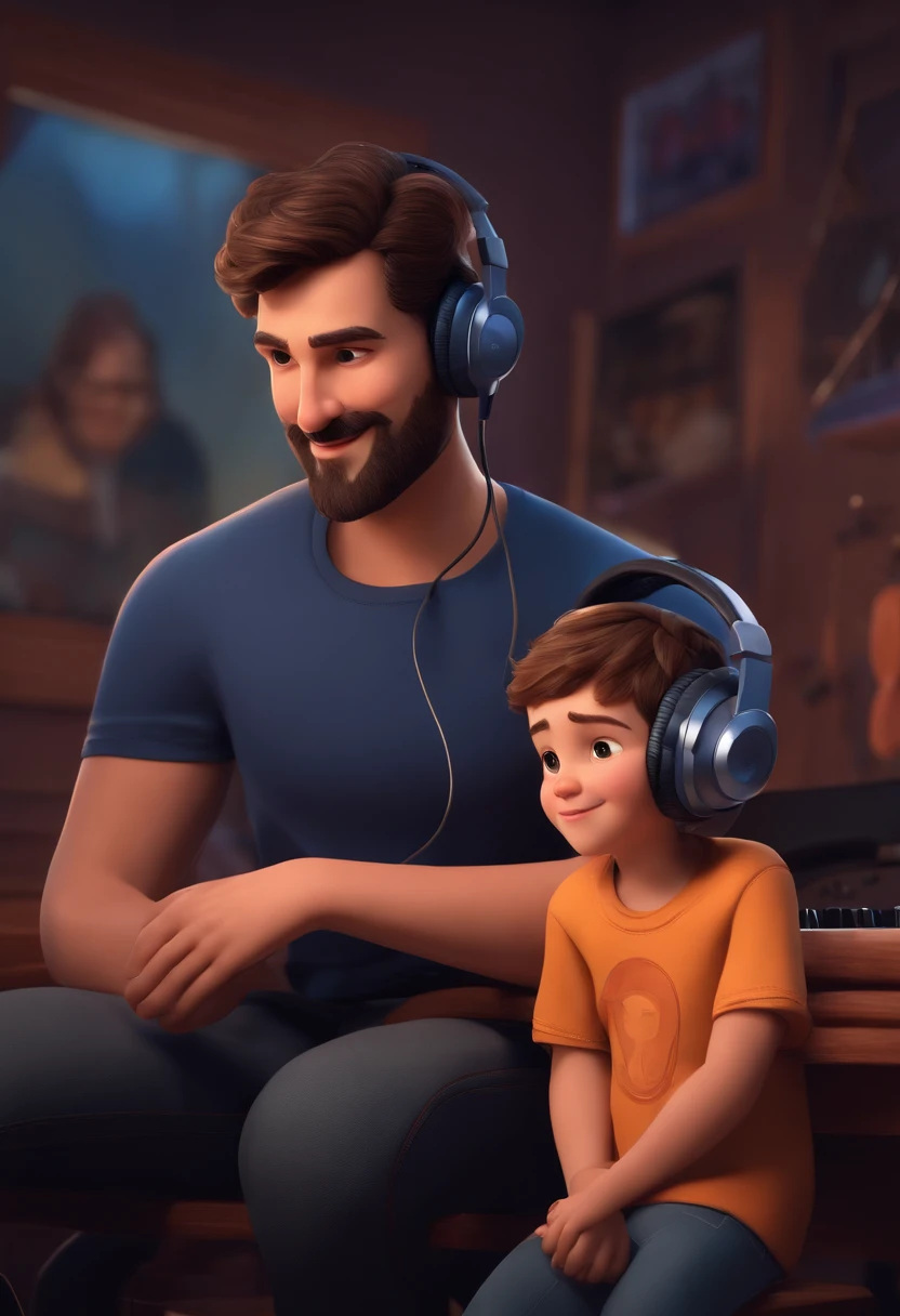a man with his son, short hair, short beard, brown eyes, with headphones, a music studio in background, image in pixar style, 3D Animated Movie Style, disney, black t-shirt