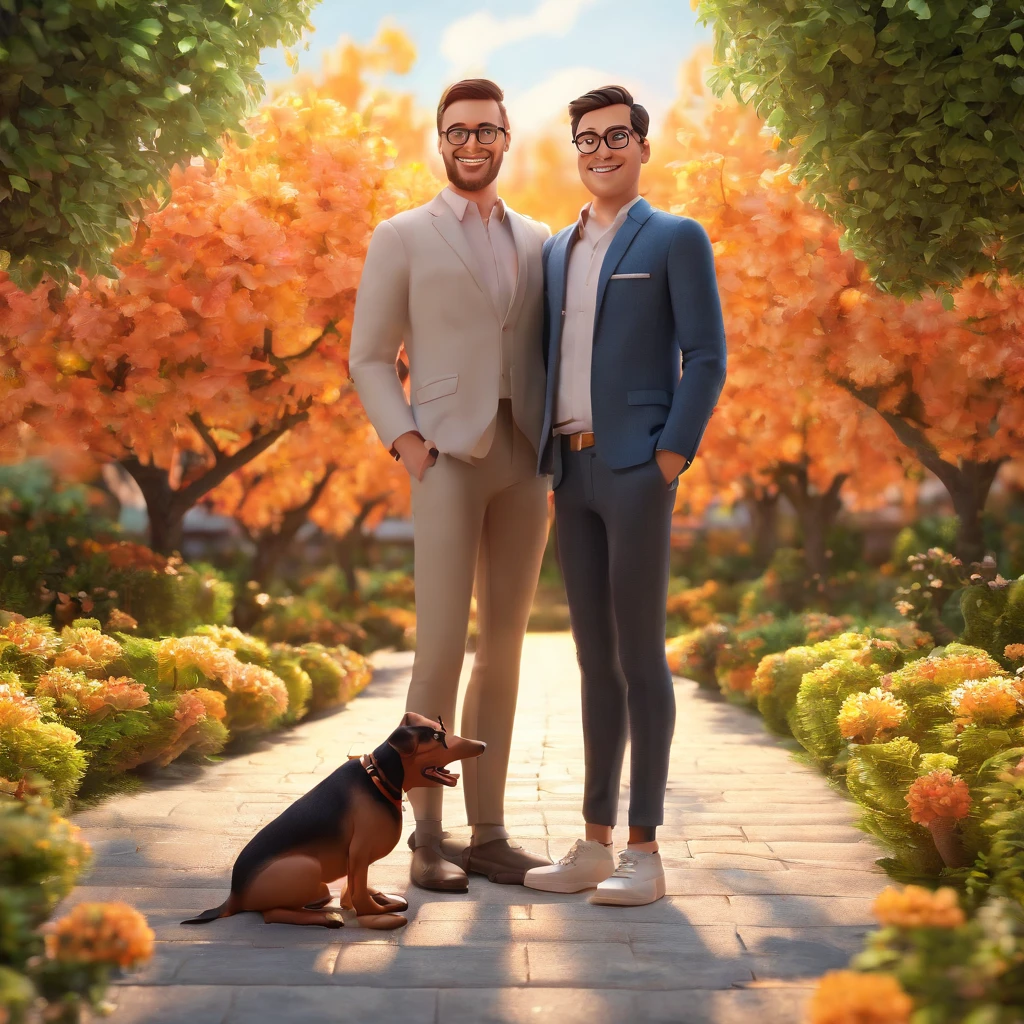 30 year old man in glasses with his pinscher dog with brown hair and tongue sticking out, Happy in the square full of trees and flowers