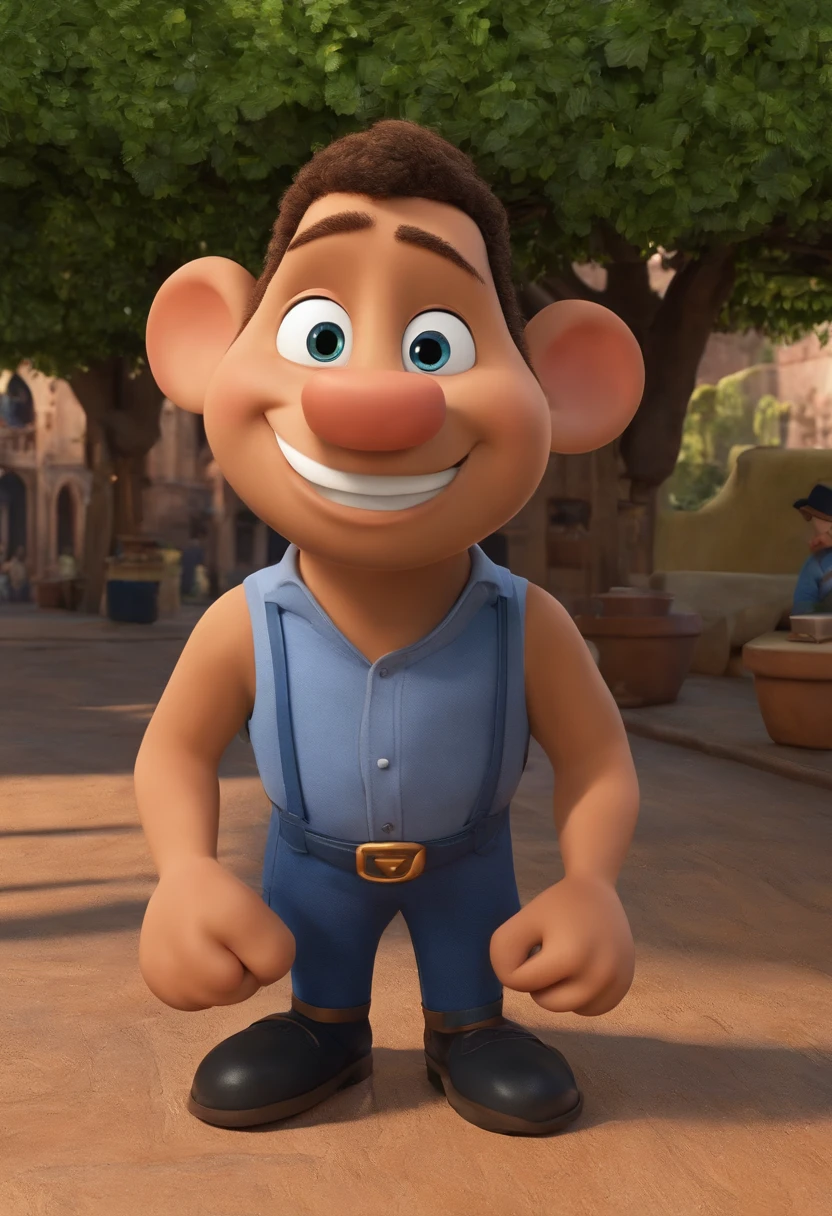 A city councilman looking at a dream project inspired by Pixar animation, de perto. The character takes center stage with captivating facial expressions, oferecendo um toque de irrealidade. (Homem negro de cabelo curto) Pelé Moreno ,com barca cheia, olhos castanhos escuros. Com fundo de carro de aplicativo em 3D Pixar com muito alta qualidade e nitidez. Com balo muito curto 33 years old He is a ride-hailing driver. De roupas social moreno de 80 Kilos. Cabelo cortado.Tudo com muita qualidade Pixar Disney. Moreno estiloso