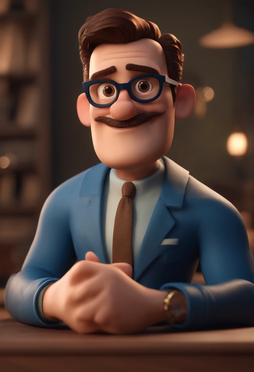 Cartoon character of a man with black glasses and a blue shirt, animation character, Caractere estilizado, animation style rendering, 3D estilizado, Arnold Maya render, 3 d render stylized, toon render keyshot, Personagem 3D, Personagem 3D, 3d rendering stylized, 3 d character render, personagem de desenho animado, Personagem de close up, Pose de personagem, (Estilo Pixar) (master part:1.2) (Bokeh) (best quality) (pele detalhada) (textura detalhada) (8k) (argila) (Cinematic lighting) (foco nítido