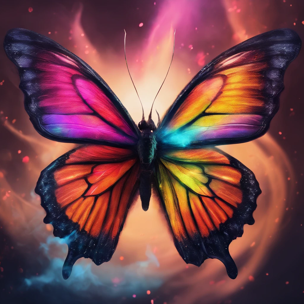 front view, a colorful butterfly surrounded by colored smoke, black background, ultra realistic, lots of details, cinematic light, 4k