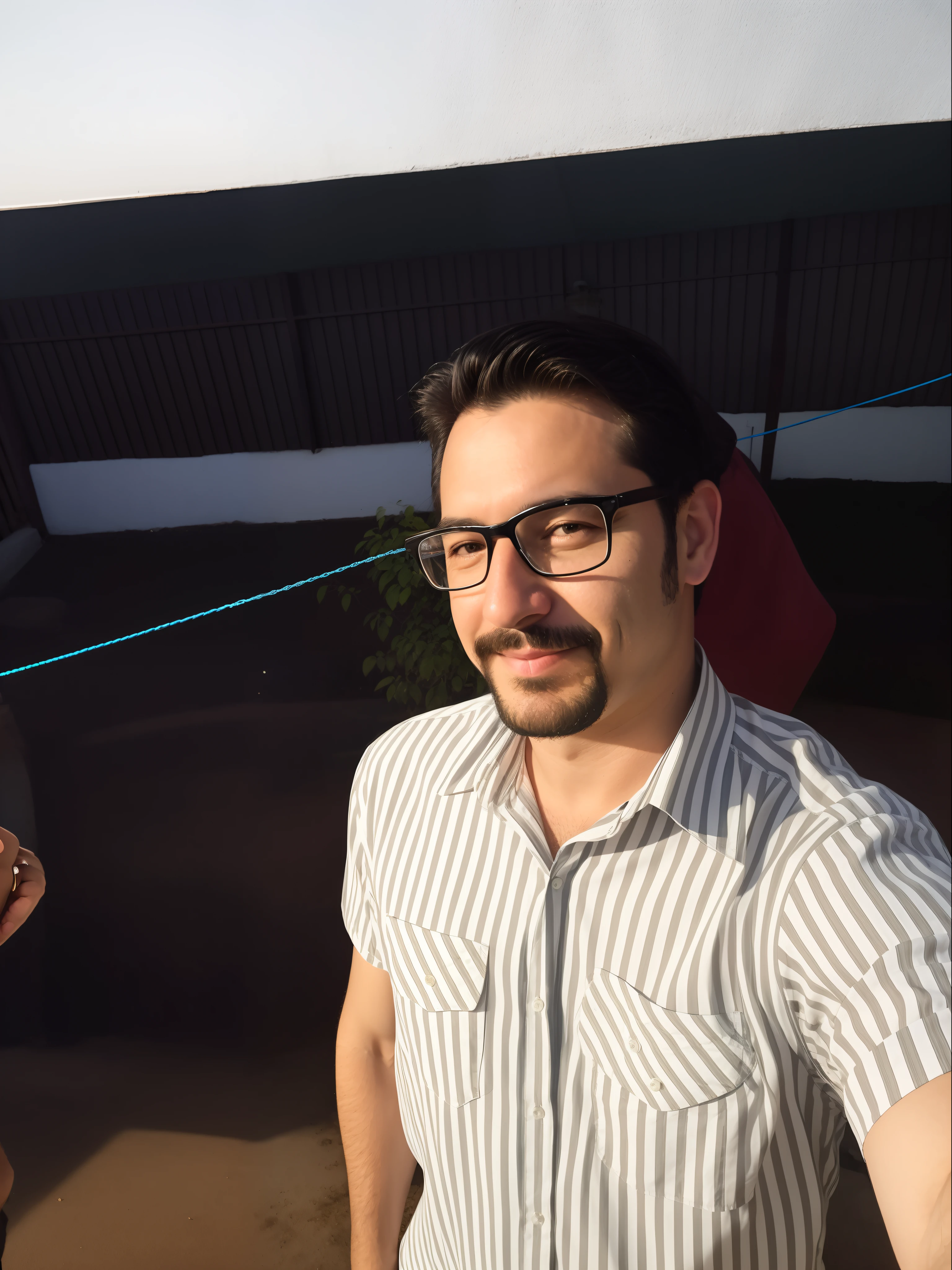 There's a man outside with a dog in the background, selfie shot straight on angle, Fotografia selfie 8k, cerca de 3 5 anos, selfie de um homem, com nerd! glasses! e cavanhaque, with glasses and goatee, with nerdy glasses and goatee, 3 6 anos, 3 2 anos, Foto de perfil, 38 anos